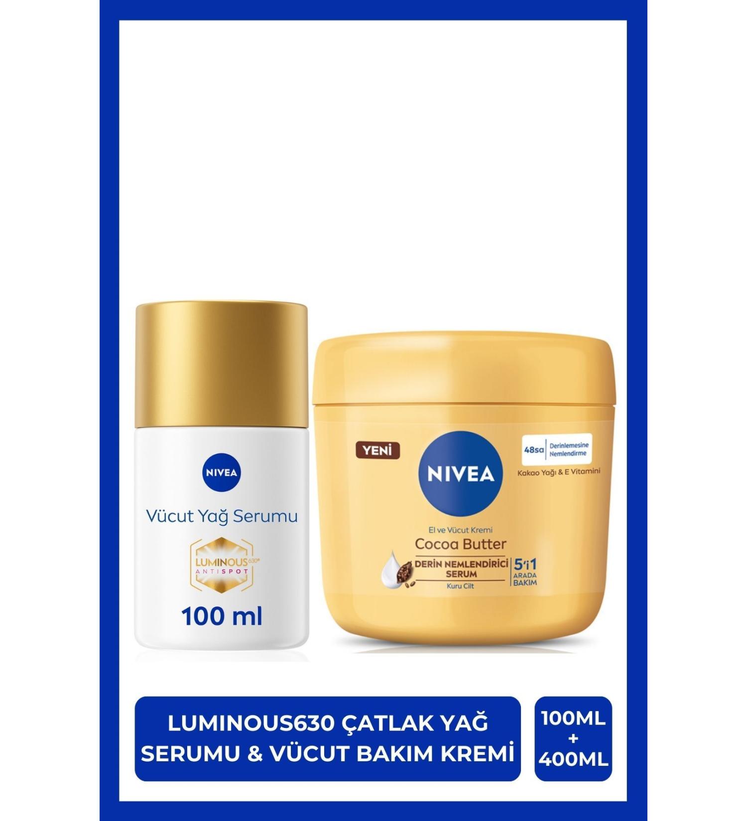 NIVEA Luminous630 Anti-Stretch Body Oil Serum 100ml & Cocoa Butter Moisturising Cream 400ml Dry Skin