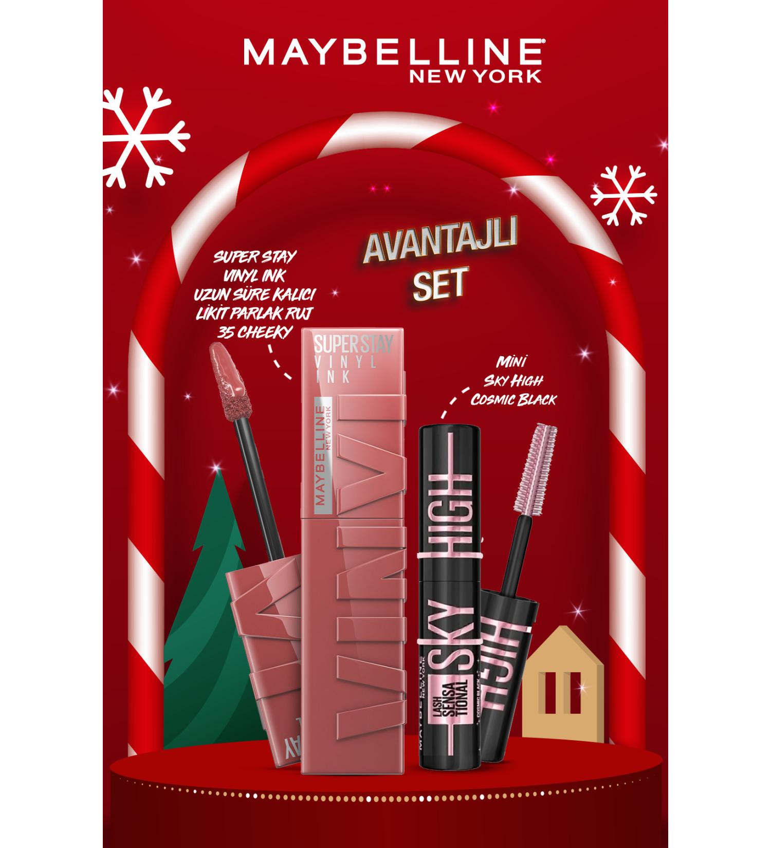 Maybelline New York Super Stay Vinyl Ink Long-Lasting Liquid Glossy Lipstick 35 Cheeky & Mini Sky High Cosmic Black Mascara - Buy Online on GoSupps.com