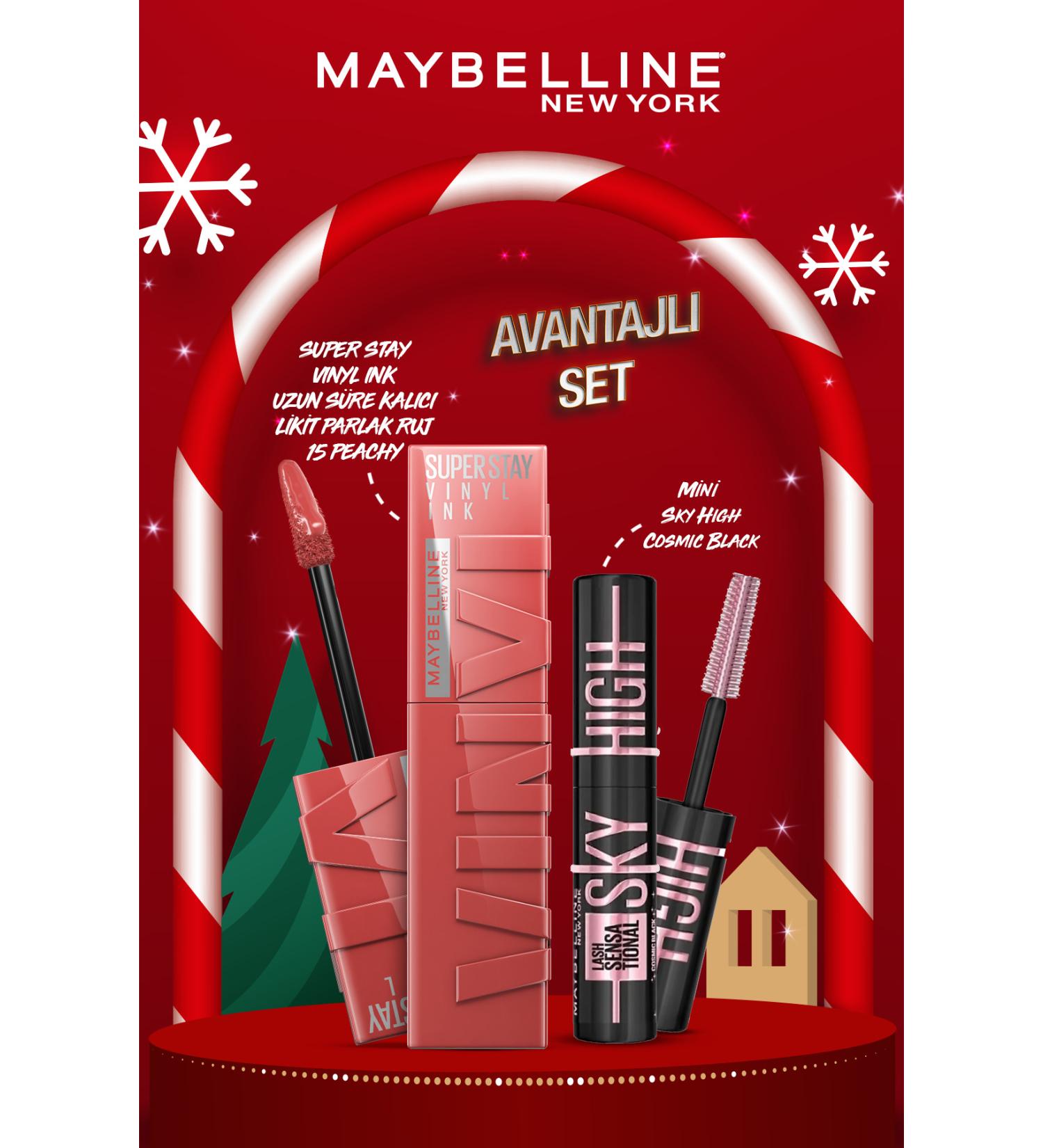 Maybelline New York Super Stay Vinyl Ink Long-Lasting Liquid Glossy Lipstick 15 Peachy & Mini Sky High Cosmic Black Mascara - Buy Online on GoSupps.com