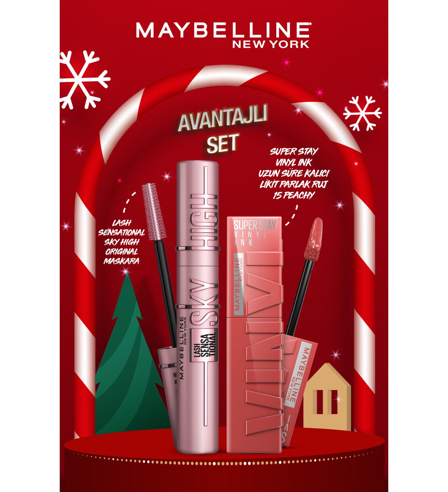 Maybelline New York Lash Sensational Sky High Mascara & Super Stay Vinyl Ink Long-Lasting Liquid Glossy Lipstick 15 Peachy - Buy Online on GoSupps.com