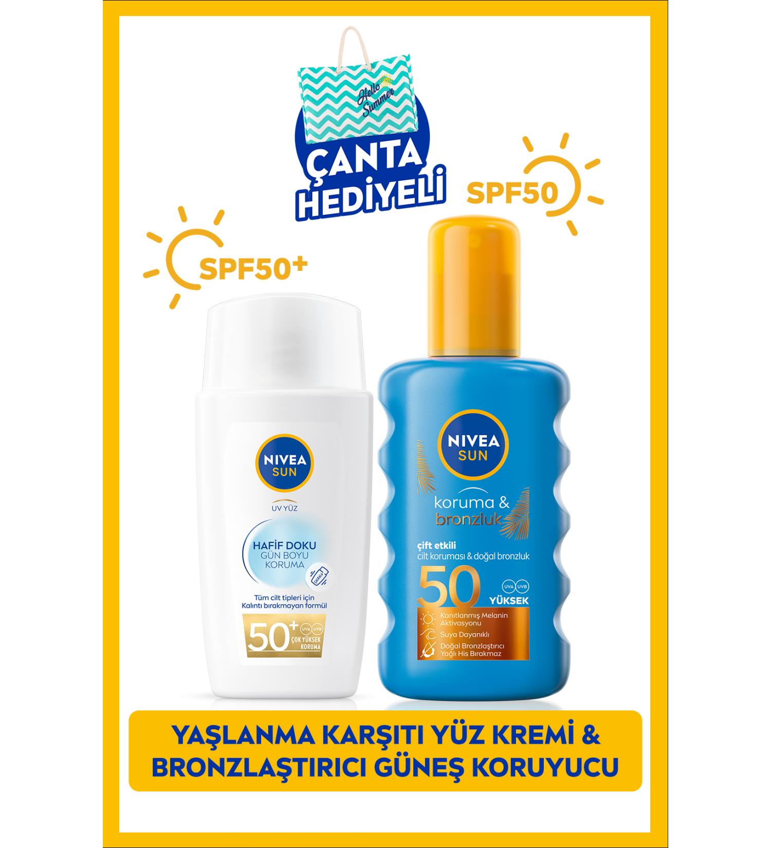 NIVEA Sun Light Texture Sun Face Cream 40ml and Protective Bronzing Sun Spray 200ml Spf50 with Bag