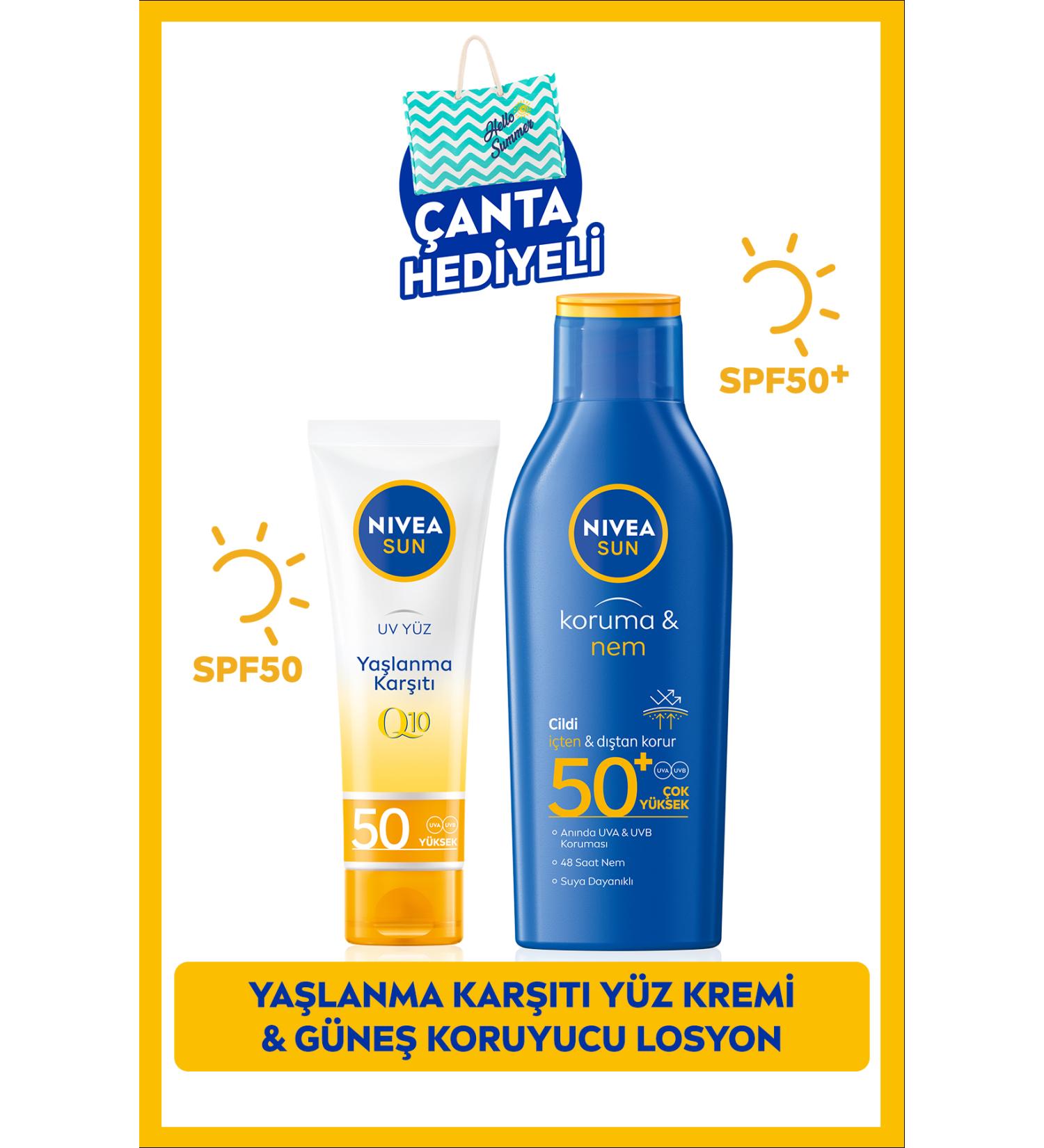 NIVEA Sun Sunscreen Body Lotion 200ml & Q10 Anti-Aging Face Cream 50ml Spf50 Gift Bag