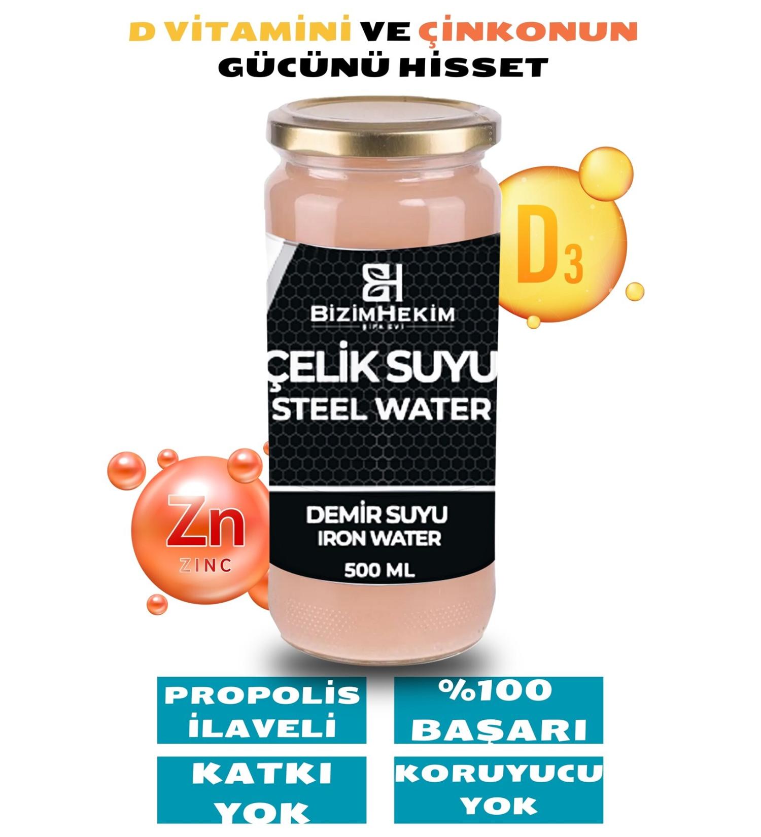 BIZIMHEKIM Steel Water - Iron Water (Added Vitamin D3 Zinc Propolis) 500 ml Glass Bottle