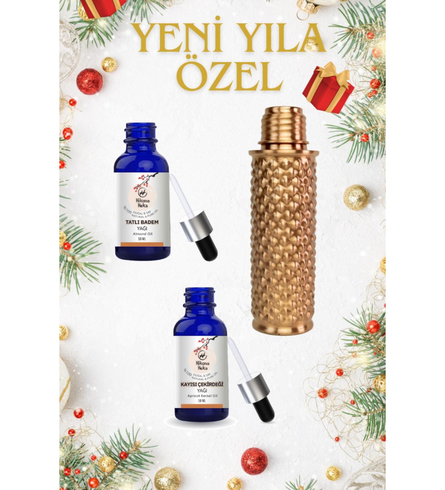 Hikona Heka 3-Piece New Year Set Sweet Almond Oil Cold Pressed 50ml Apricot Kernel Oil 50ml Water Bottle & Flask 0Pure
