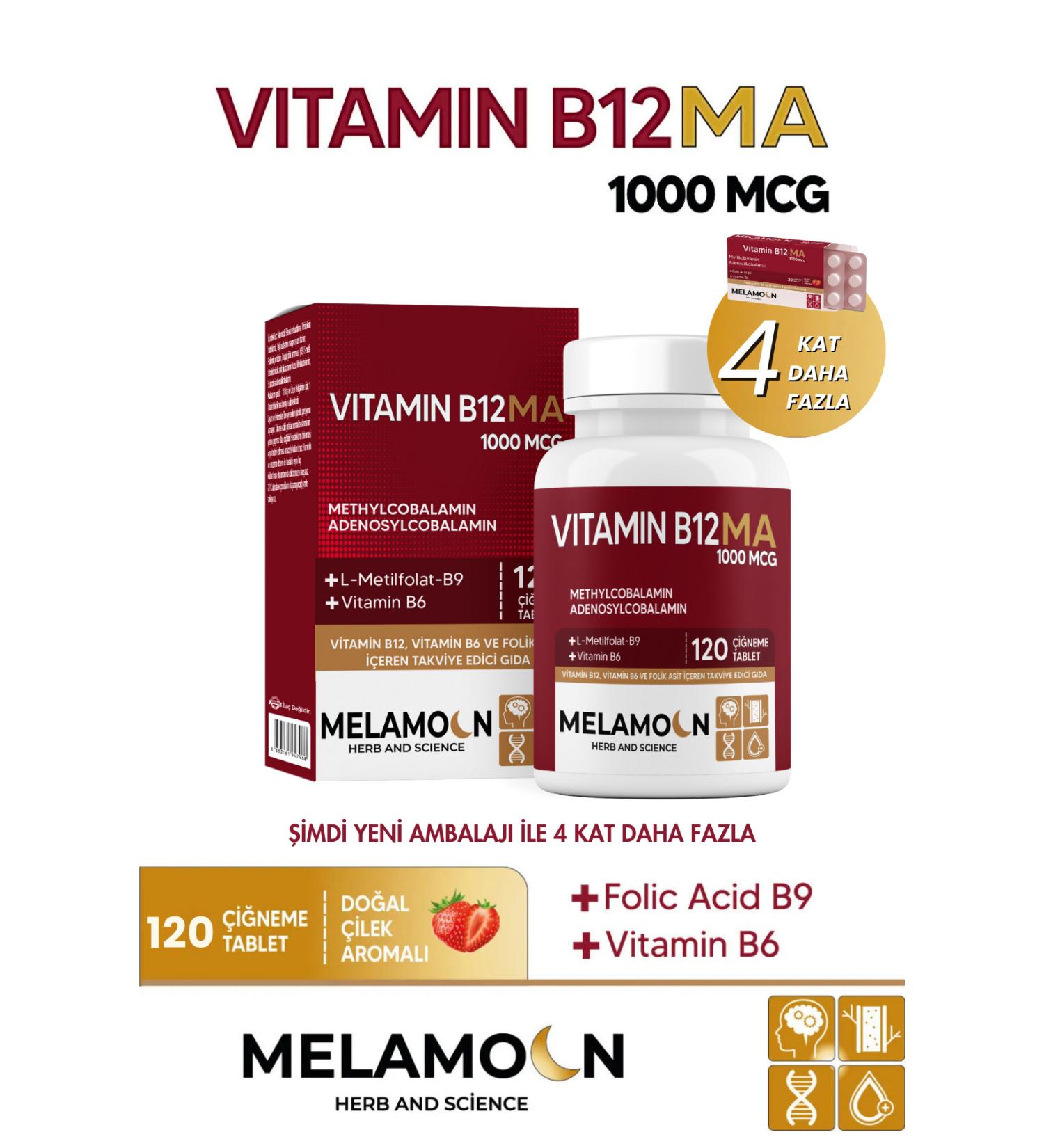 Melamoon B12 B6 and Folic Acid: Nervous System Pregnant Women and Hematopoiesis Support 1000mcg - Buy Online on GoSupps.com