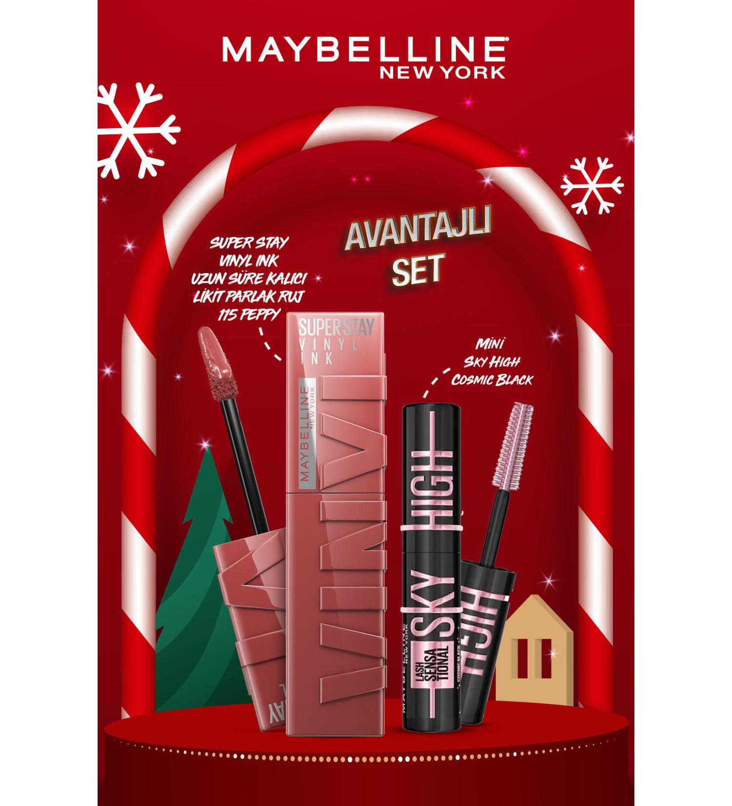 Maybelline New York Super Stay Vinyl Ink Long-Lasting Liquid Glossy Lipstick 115 Peppy & Mini Sky High Cosmic Black Mascara - Buy Online on GoSupps.com