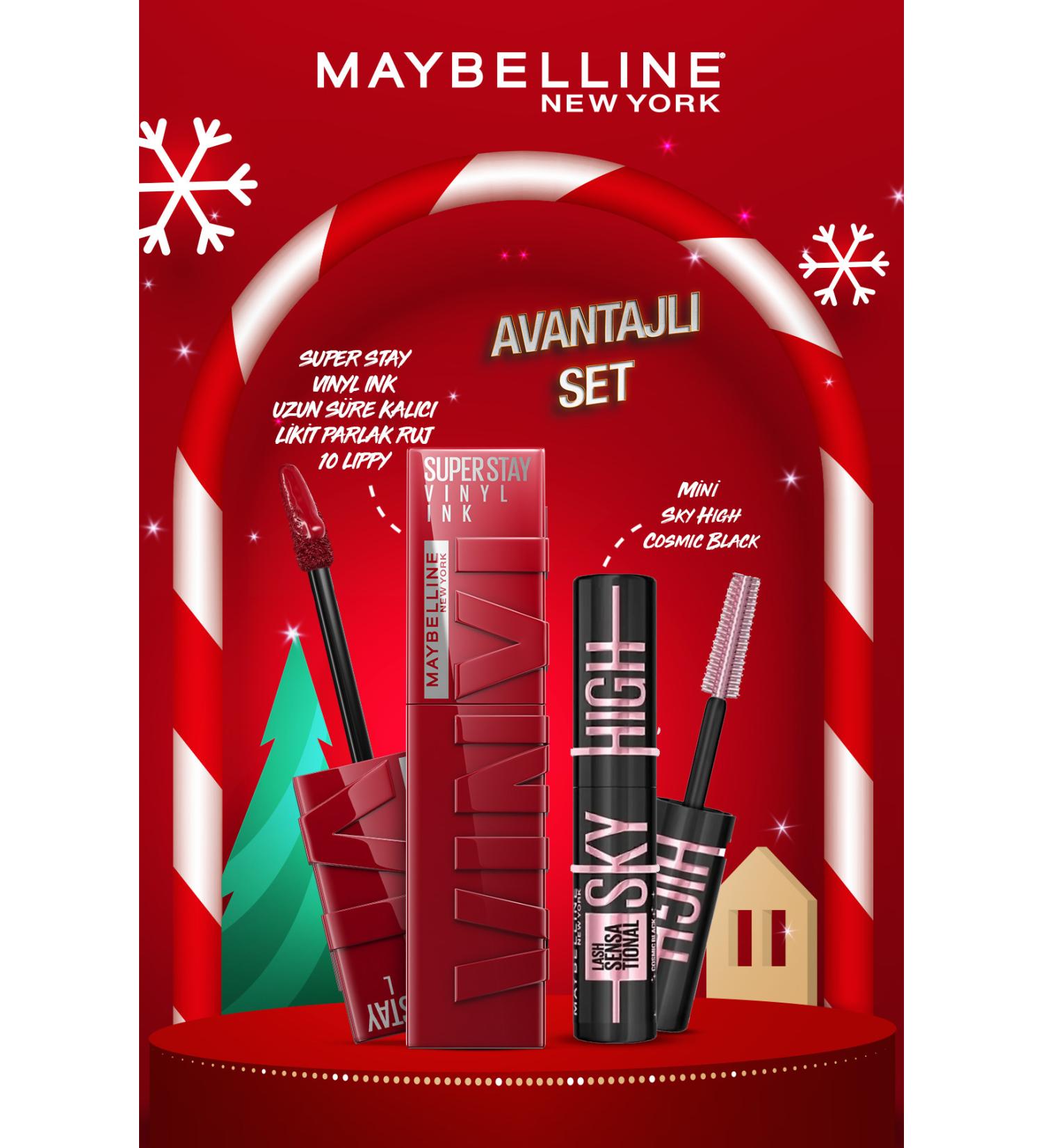Maybelline New York Super Stay Vinyl Ink Long-Lasting Liquid Glossy Lipstick 10 Lippy & Mini Sky High Cosmic Black Mascara - Buy Online on GoSupps.com