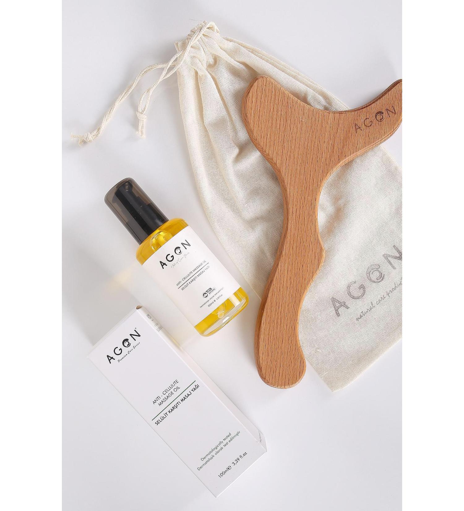 Agon Anti-Cellulite Massage Oil and Wooden Massage Tool Set