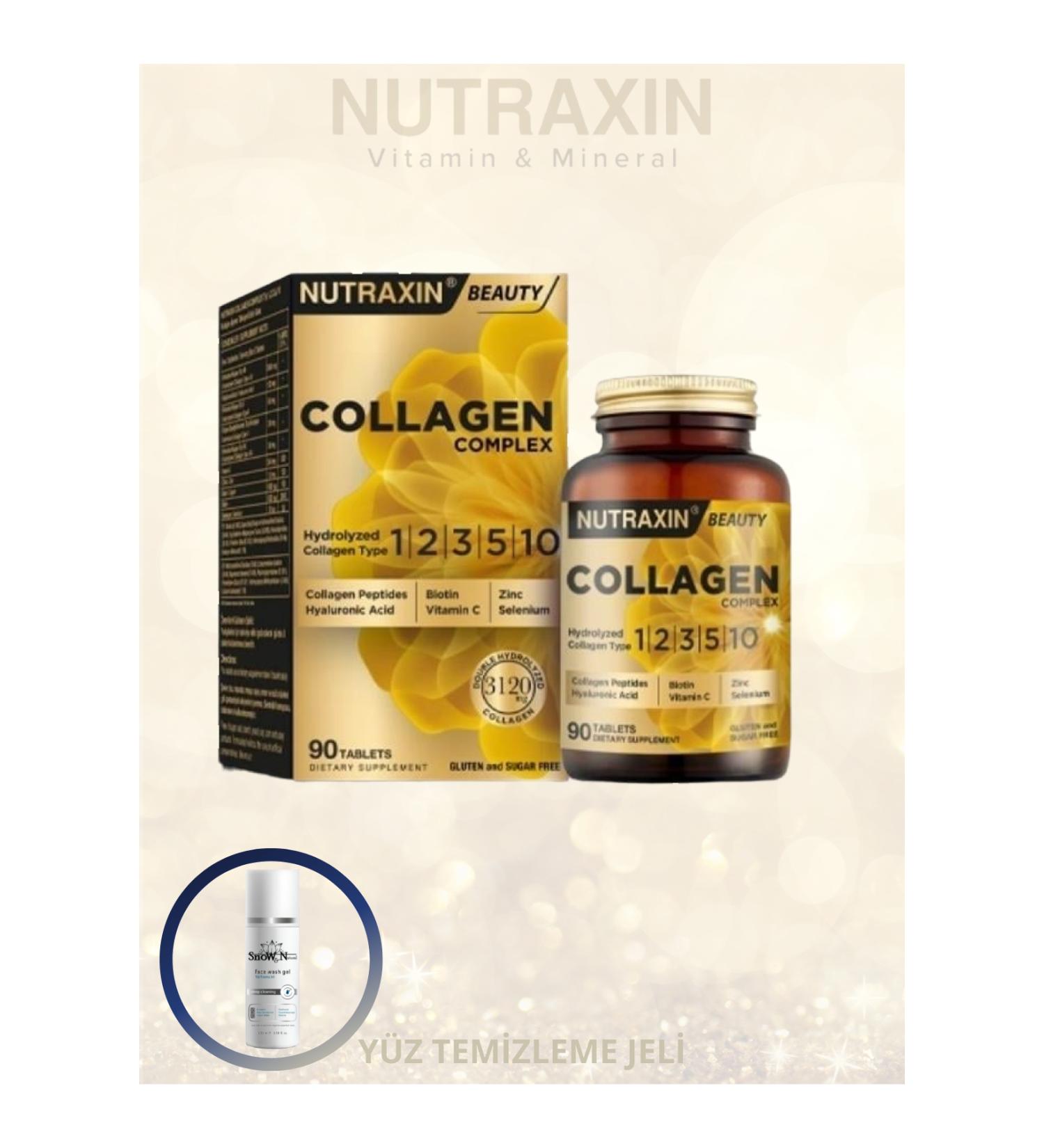 Nutraxin Collagen Beauty Complex 90 Tablets Hydrolyzed Collagen type I II III V X containing & Facial Cleansing Gel