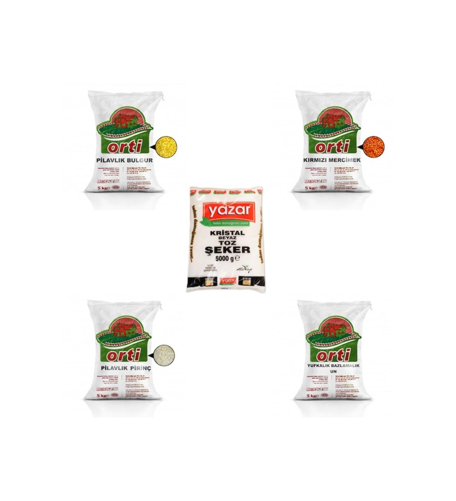 WRITER Orti 5kg Whole Lentils 5kg Whole Bulgur 5kg Whole Rice 5kg All Purpose Flour 5kg Granulated Sugar 25 Kg Total