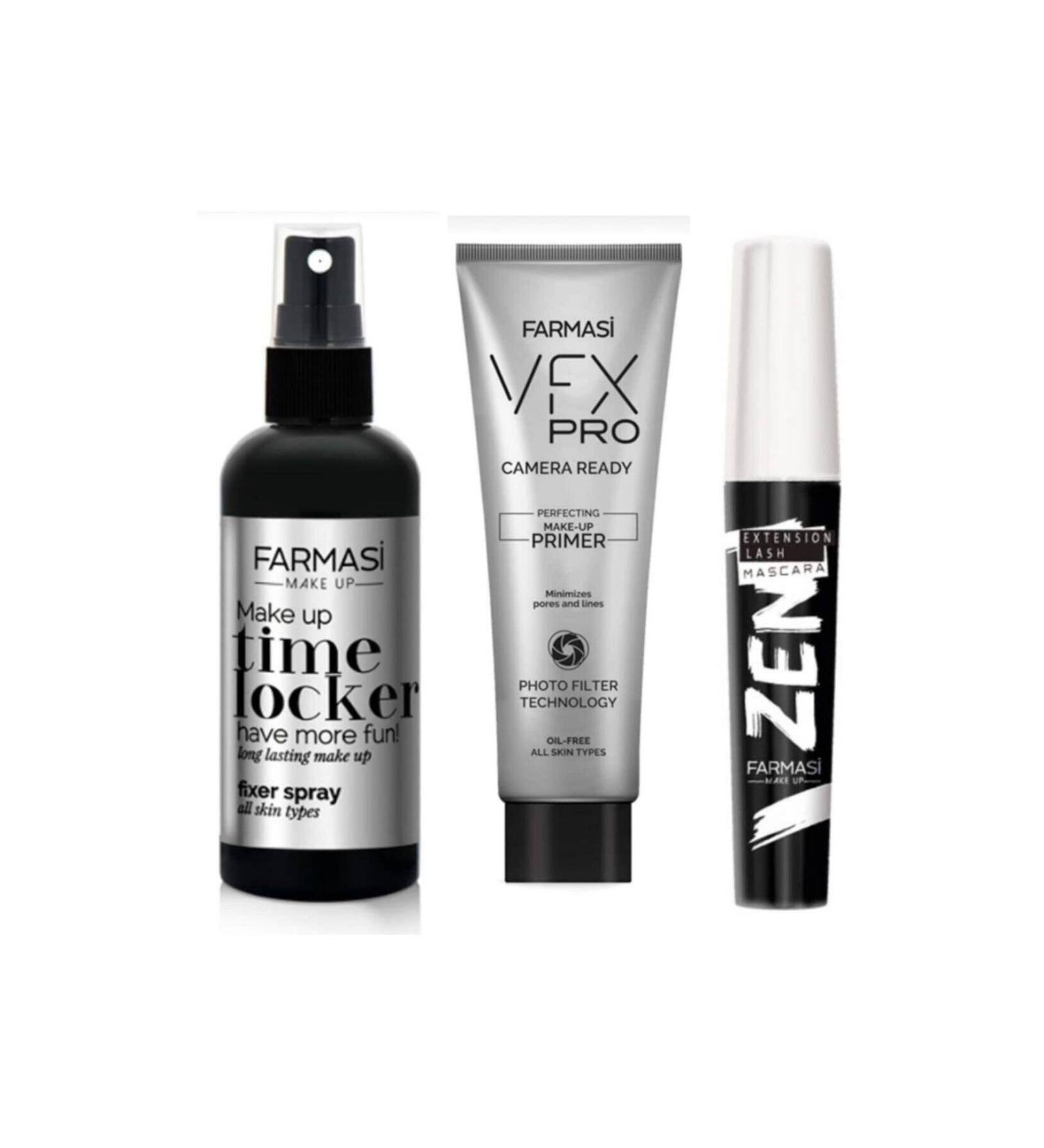 Farmasi Zen Mascara 8 ml Makeup Fixer 115 ml and Vfx Pro Makeup Base 25 ml