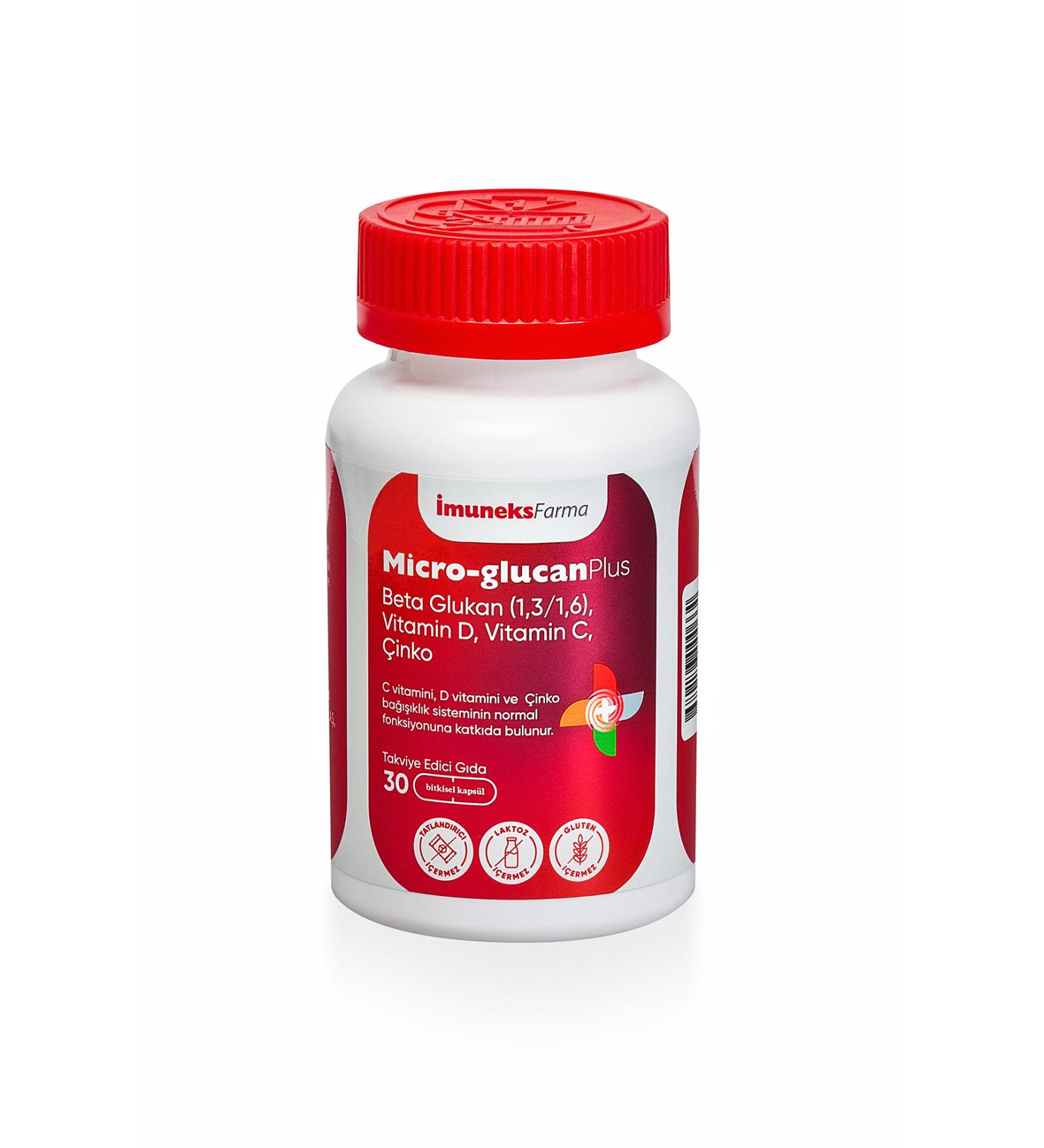 Imuneks Mikro-glucan Plus Beta Glucan (1.3/1.6) Vitamin D C and Zinc Containing Supplementary Food 30 Capsules