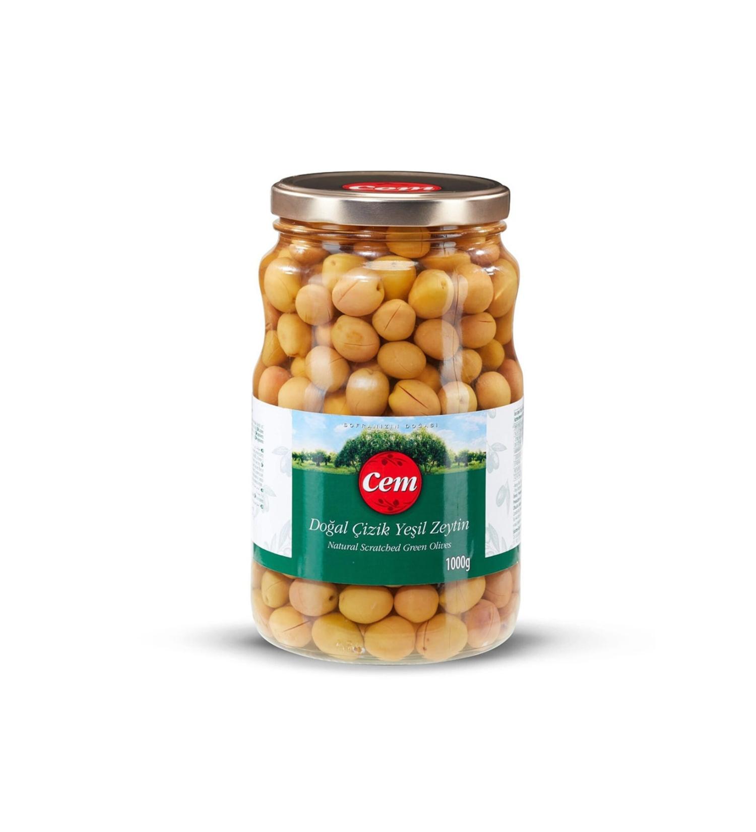 Cem Natural Scratched Green Olives 1000 gr Package (3 PIECES)