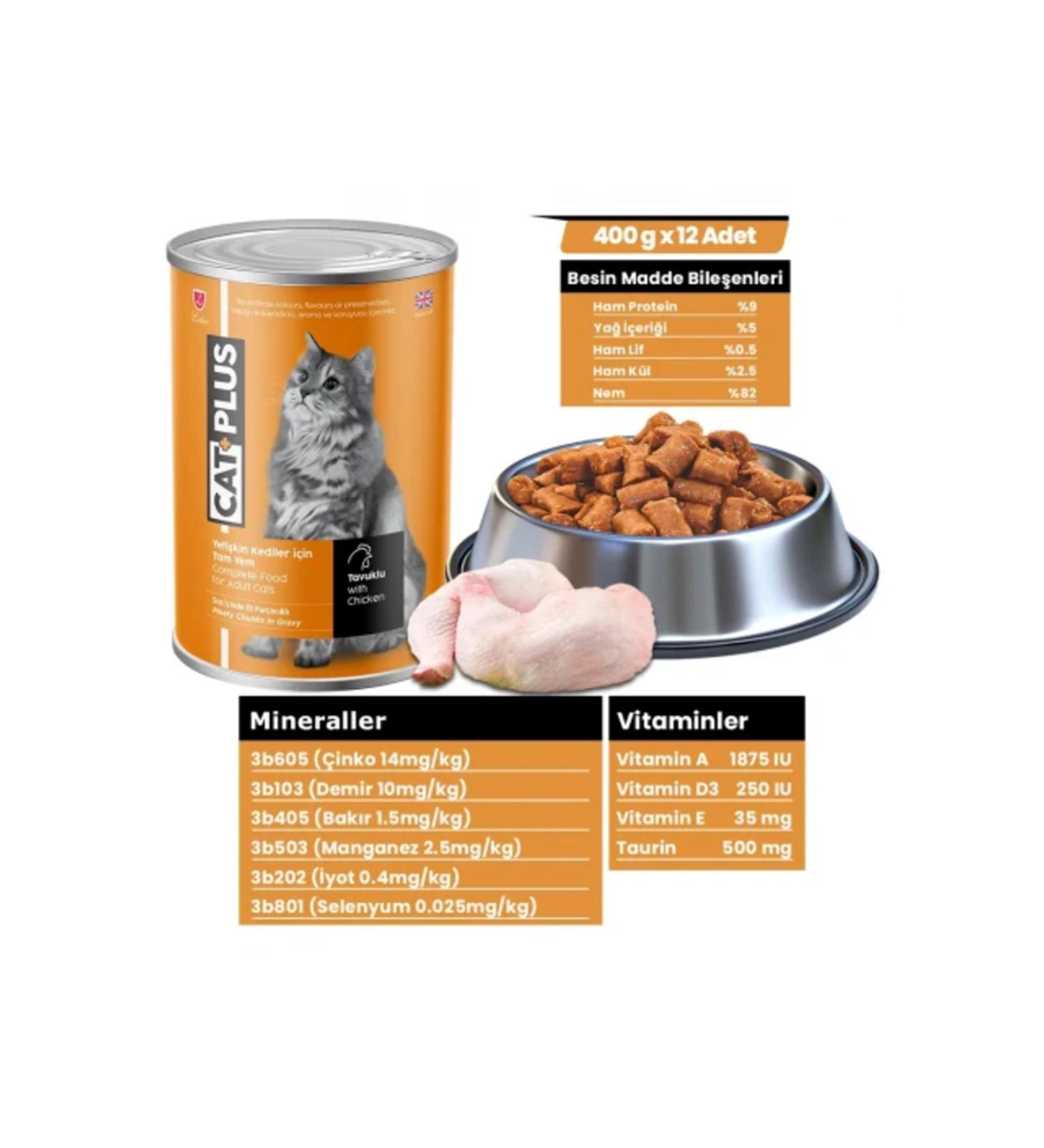 Cat Plus Catplus Adult Cat Canned Food with Chicken and Meat Pieces in Sauce 400 gr X 12 Pieces