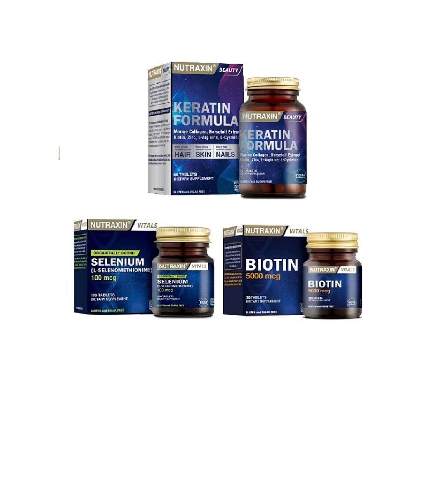 Nutraxin Keratin Formula 60 T. + Biotin 5000mcg 30 T. + Selenium100mcg 100 T.