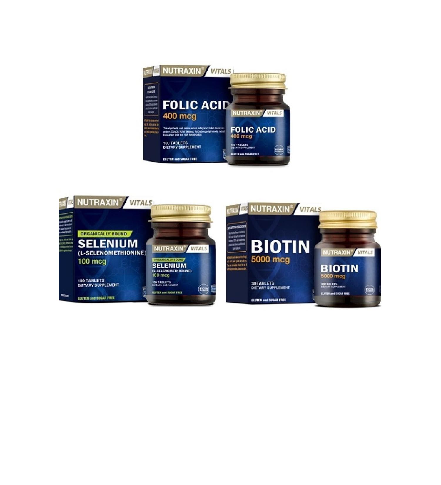 Nutraxin Folic (folate) Acid 100 T.+ Selenium in Selenomethionine Form 100 T.+biotin 5000 Mcg