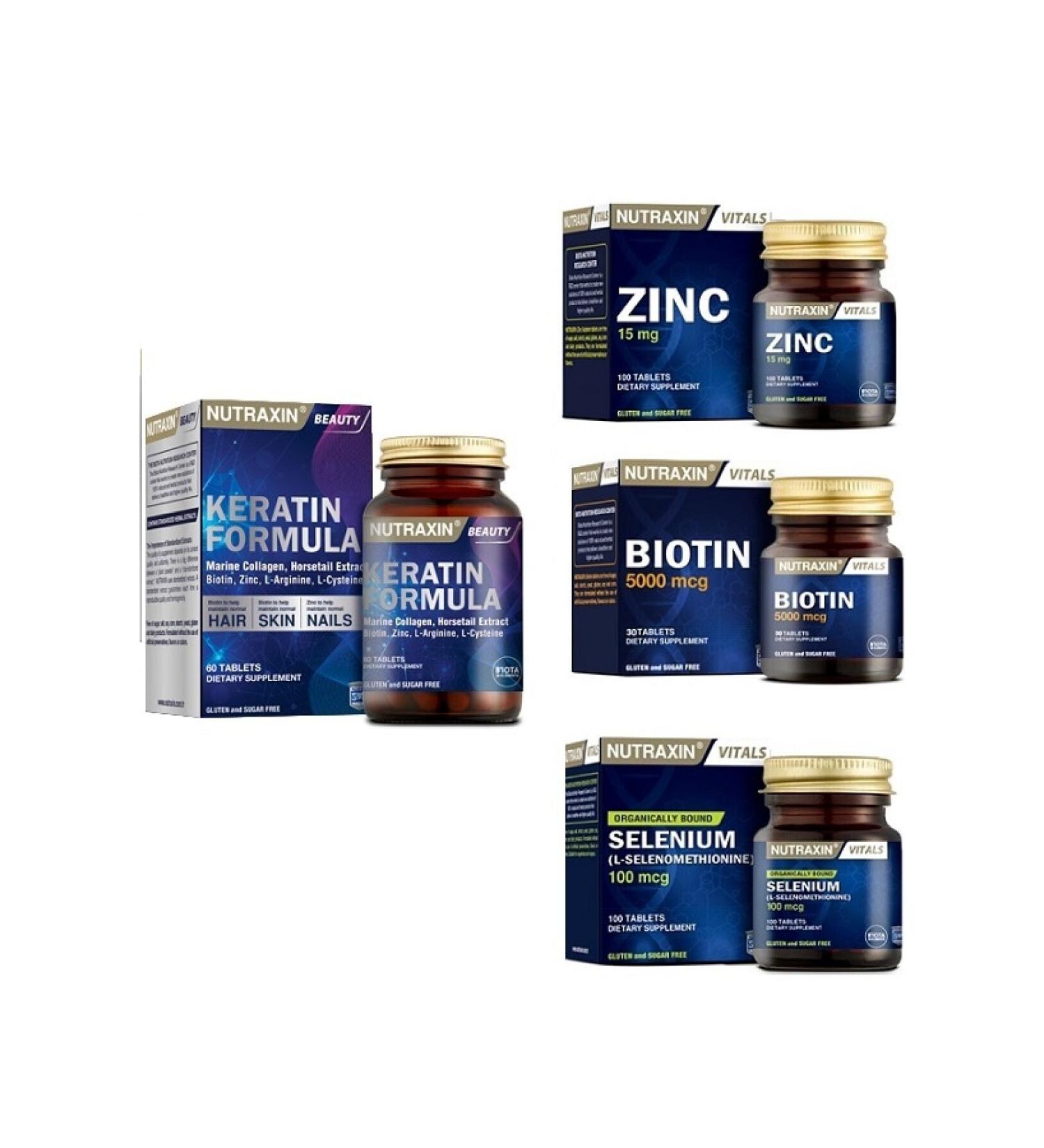 Nutraxin Keratin for Hair Health 60 T Zinc 15 Mg 100 T Biotin 30 T Selenium 100 T