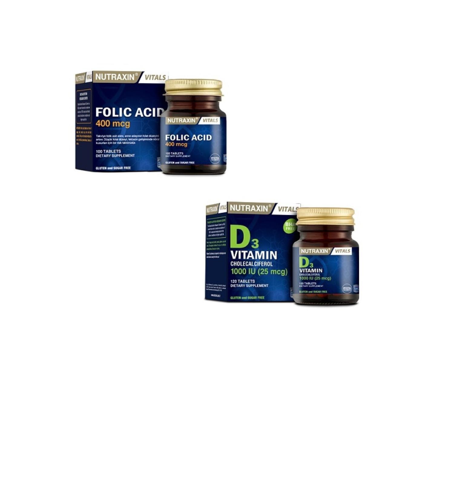 Nutraxin Folic Acid 400 Mcg 100 Tablets Vitamin D3 Cholecalciferol 1000 Iu
