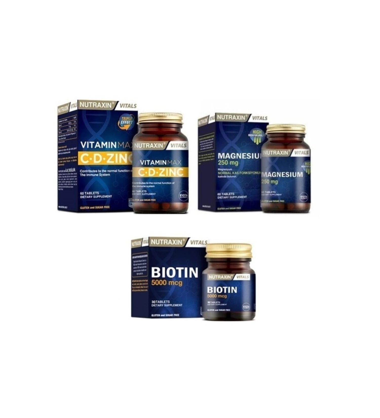 Nutraxin Magnesium 250 Mg 60 Tablets+vitamin Max 60 Tablets+biotin 5000 Mcg 30 Tablets