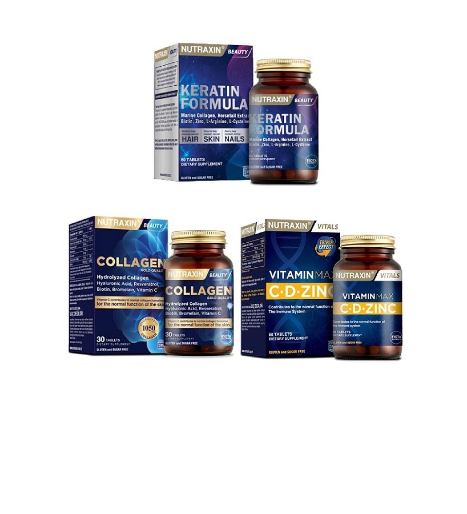 Nutraxin Keratin 60 T. + Vitamin Max 60 T. + Hydrolyzed Collagen 30 T.