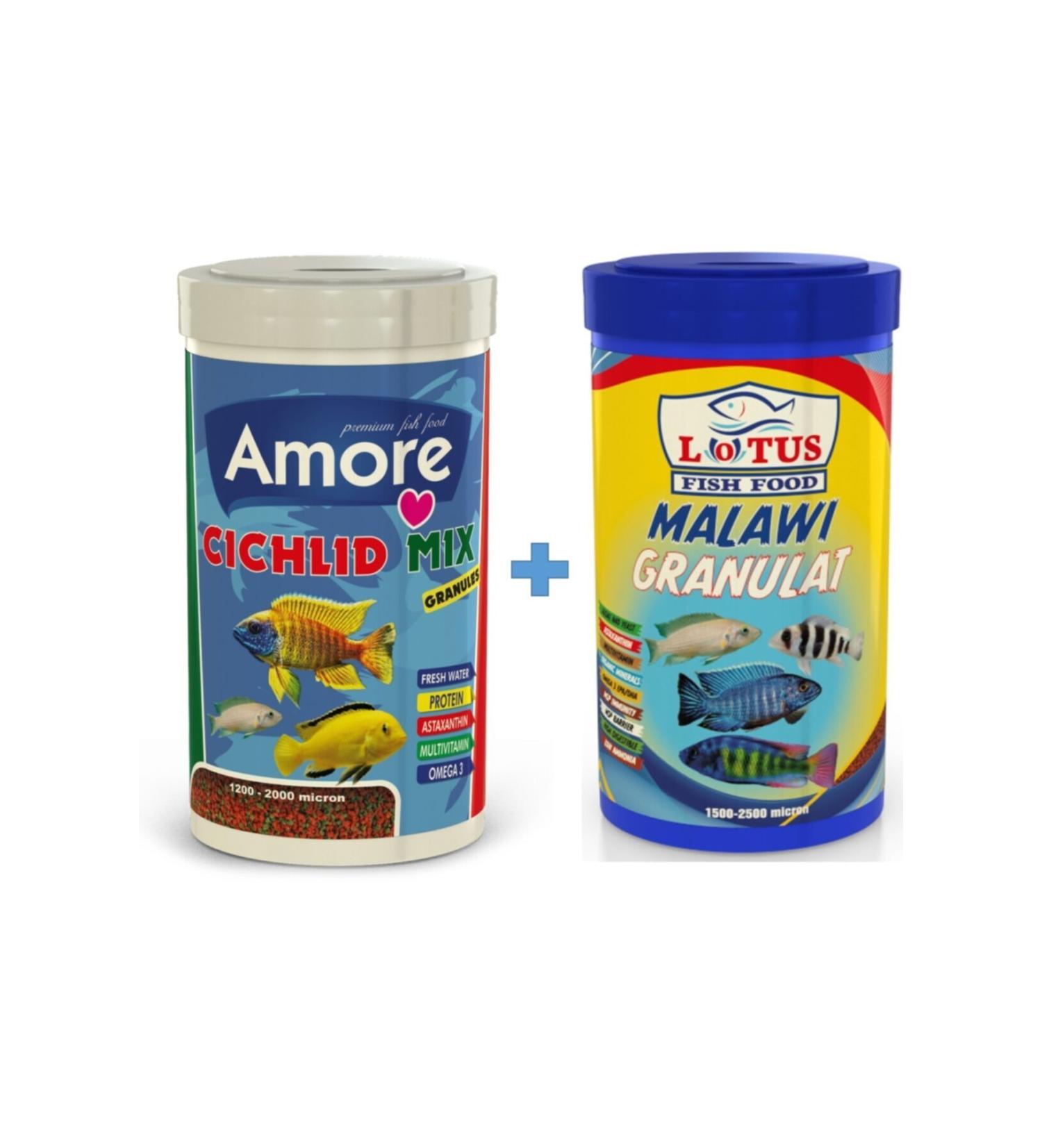 AMORE Cichlid Mix Granules 1000ml + Lotus Malawi Granules 1000ml Box Fish Food