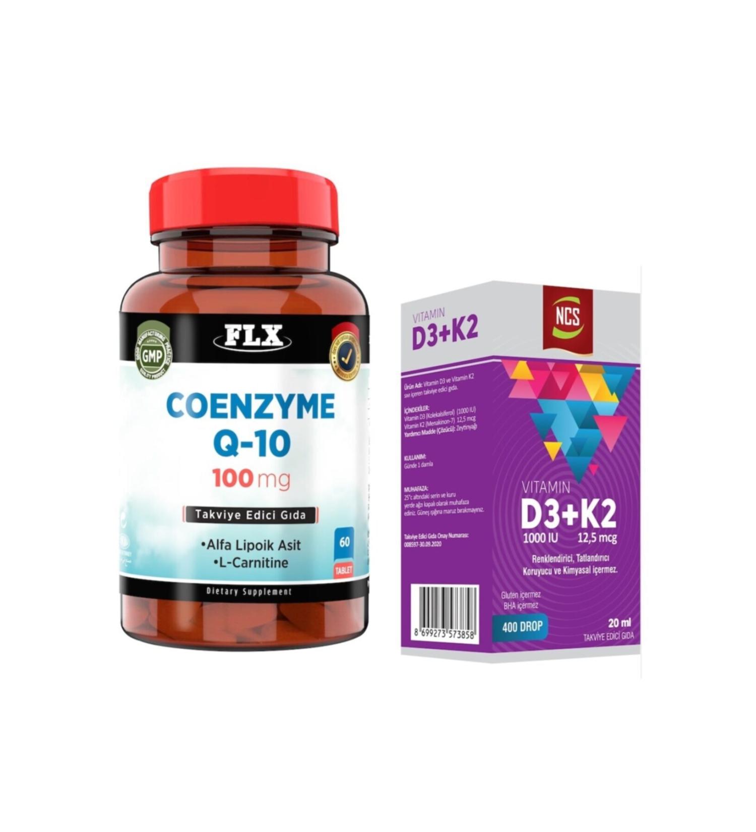 FLX Coenzyme Q-10 100 Mg 60 Tablets Ncs Vitamin D3 Vitamin K2 20 Ml