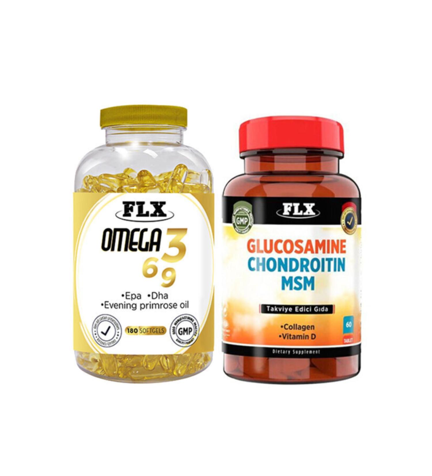 FLX Omega 3-6-9 180 Softgel & Glucosamine Vitamin D 60 Tablets