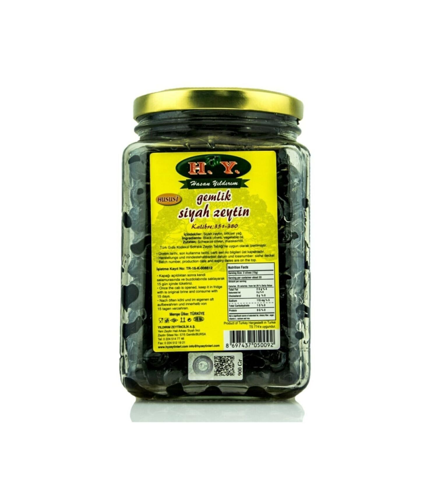 HY OLIVE Gemlik Black Olives (900 Gr.) (321-380) (glass Jar)
