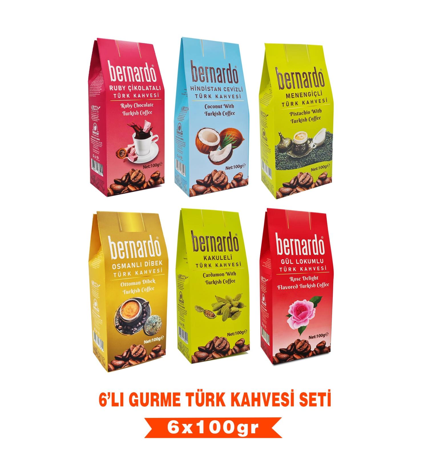 Bernardo 6-Piece Turkish Coffee Gourmet Set 100gr (ruby-coconut-cardamom-rose-pistachio-ottoman)