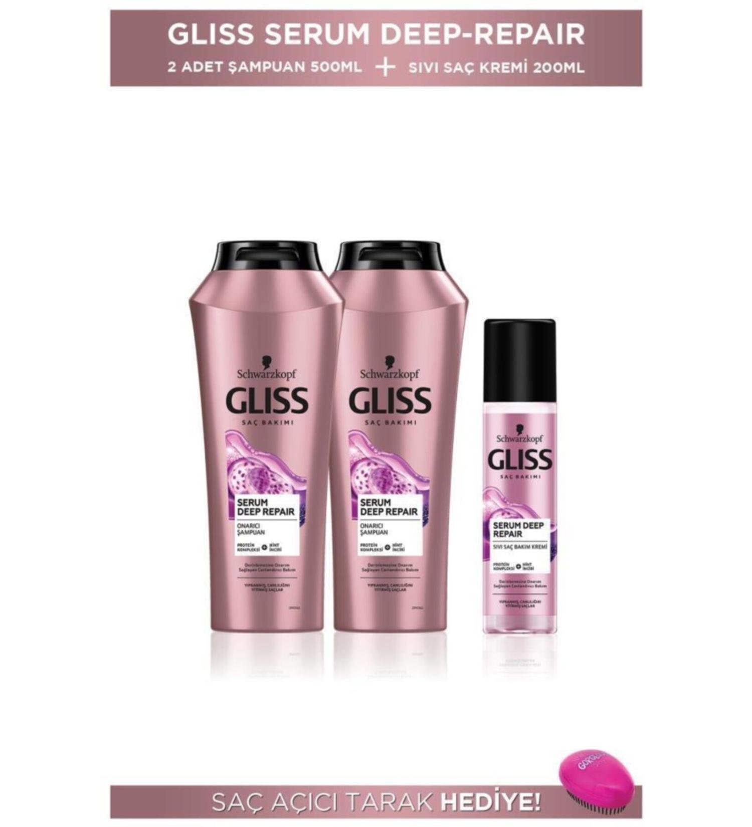 Gliss Serum Deep Repair Shampoo 500 Ml X 2 Pieces + Liquid Conditioner 200 Ml + Hair Opening Comb