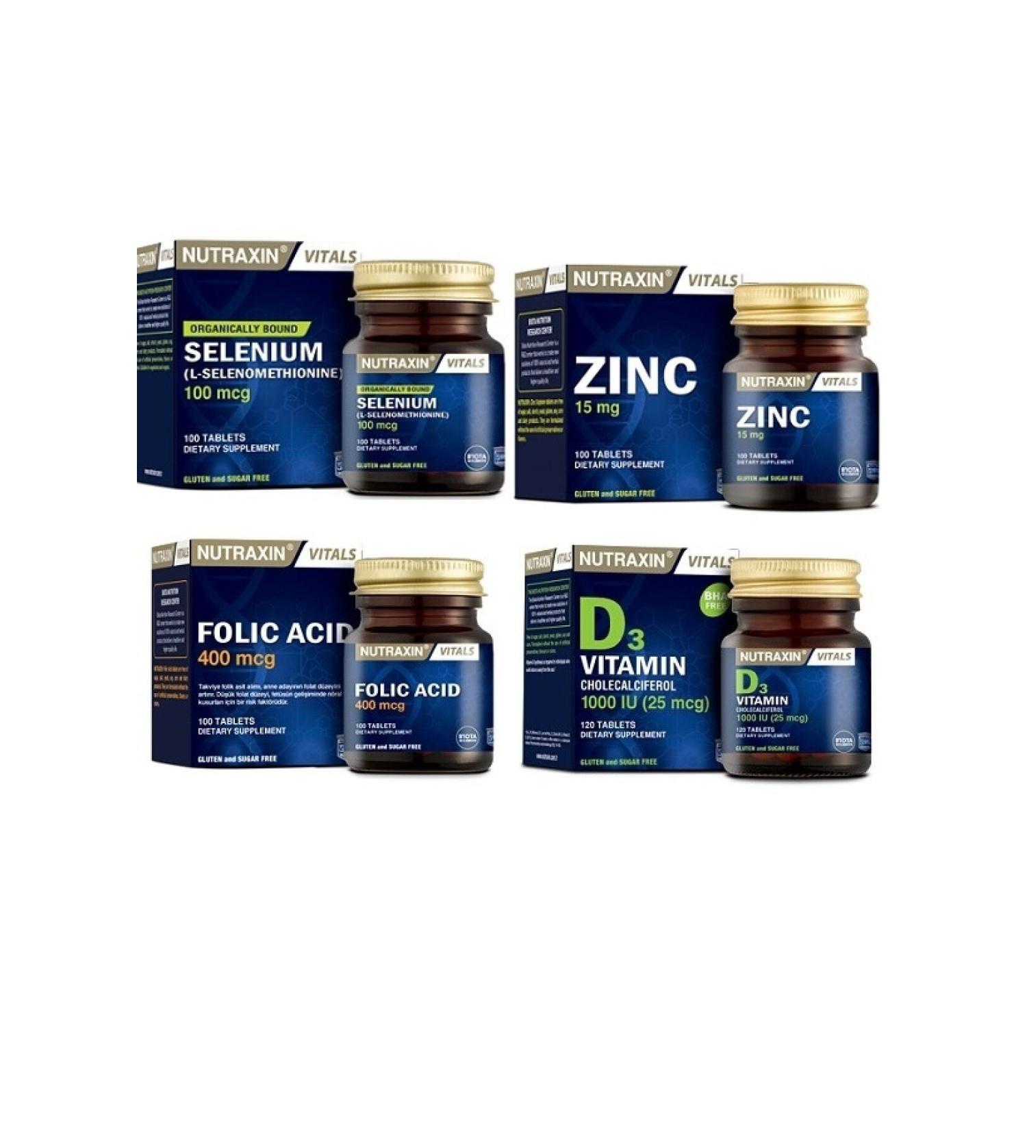 Nutraxin Folic Acid 100 T. + Selenium 100 T. + Vitamin D3 120 T. + Zinc Sulphate 100 T.