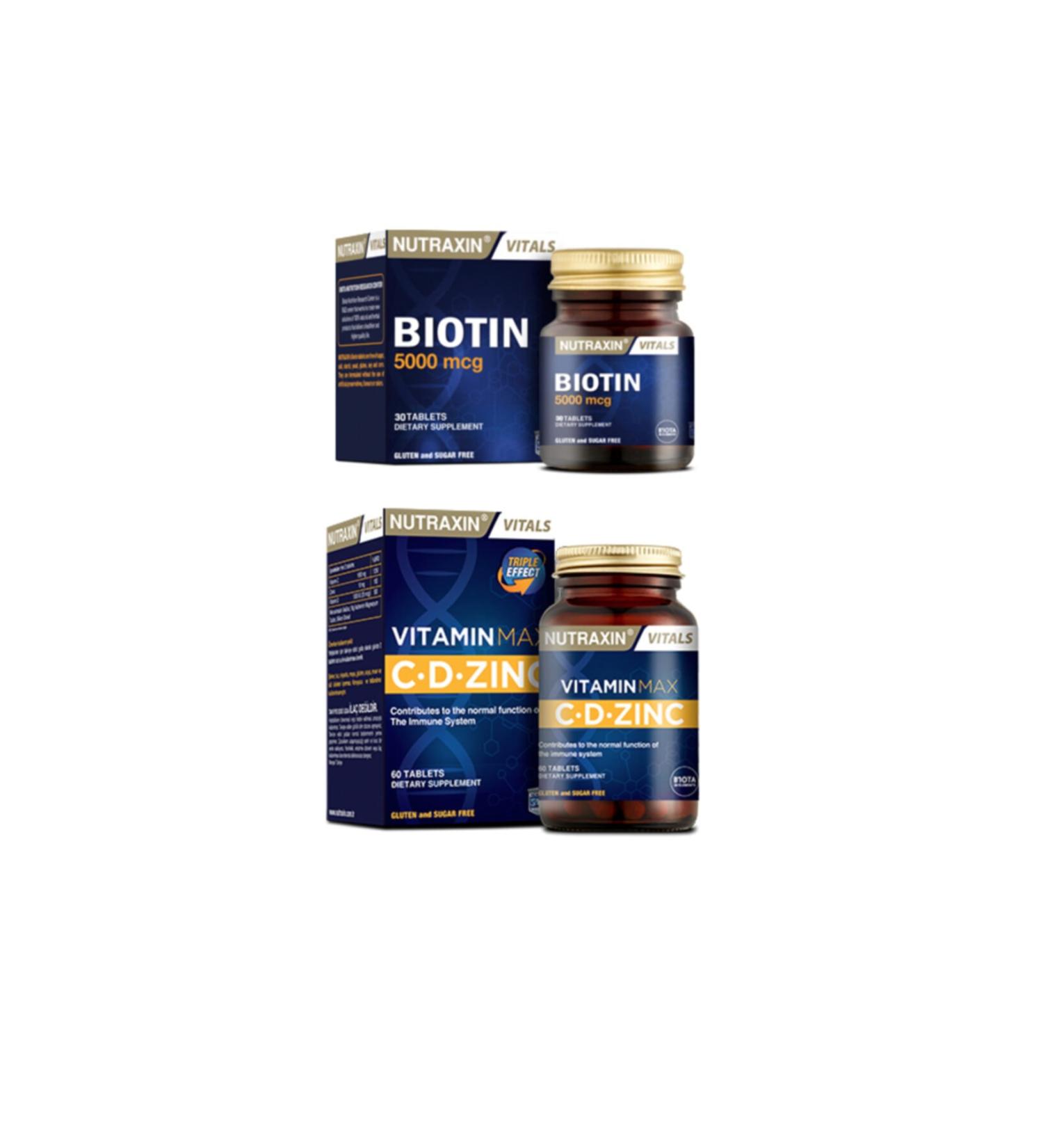 Nutraxin Vitamin Max (Vitamin C Vitamin D and Zinc Supplement) 60 Tablets + Biotin 5000 Mcg 30 Tablets