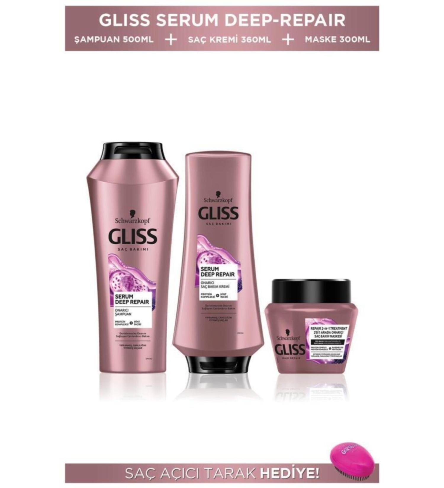 Gliss Serum Deep Repair Repair Shampoo 500 Ml + Hair Conditioner 360 Ml + Hair Mask 300 Ml + Hair Opening Comb
