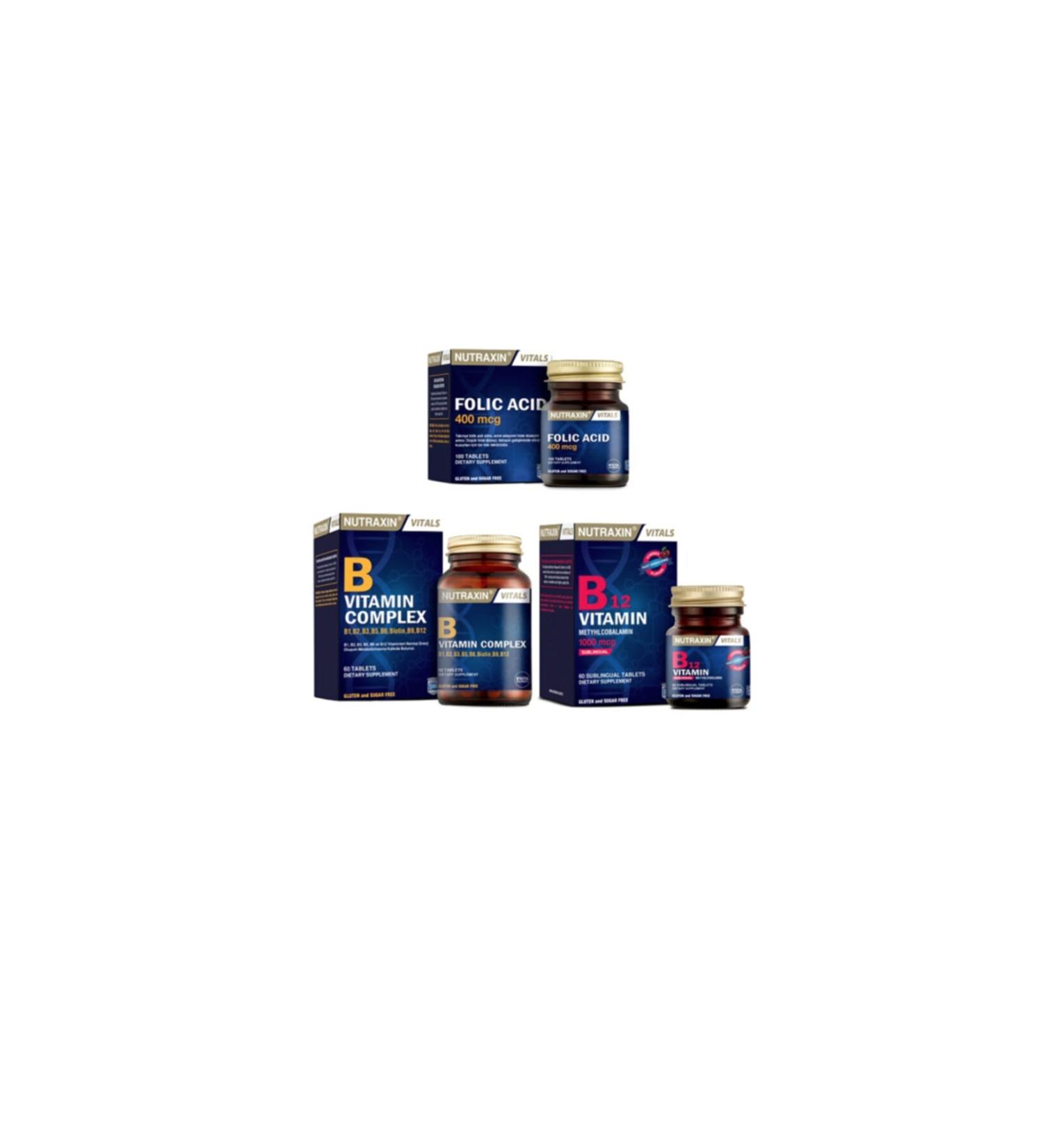 Nutraxin Folic Acid 400 Mcg + B Vitamin Complex 60 T.+ B12 60 Sublingual Tablets