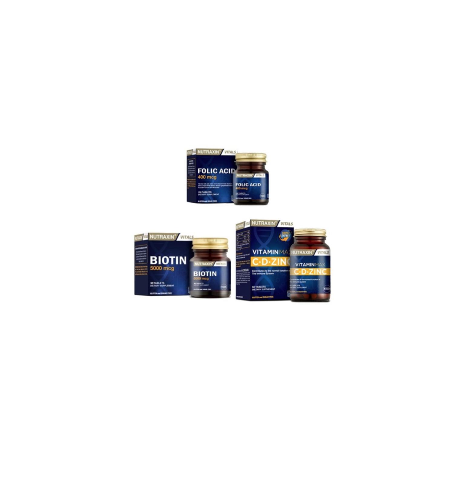 Nutraxin 400 Mcg Folic Acid 100 T. + C d zinc 60 Tablets + Biotin 5000 Mcg