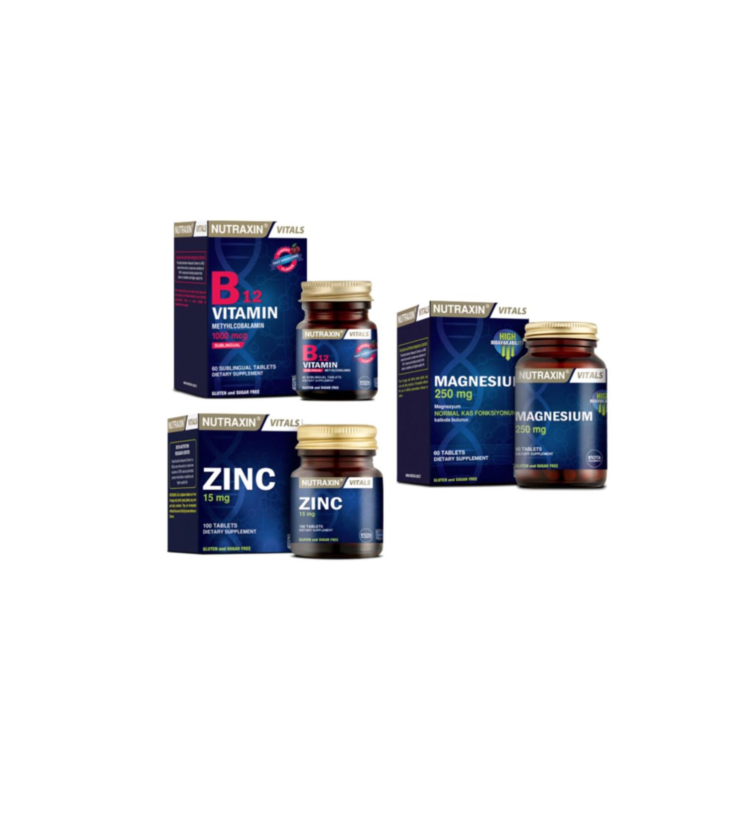 Nutraxin Vitamin B12 1000 Mcg 60 Sublingual Tablets + Magnesium 250 Mg 60 Tablets + Zinc 15 Mg 100 Tablets