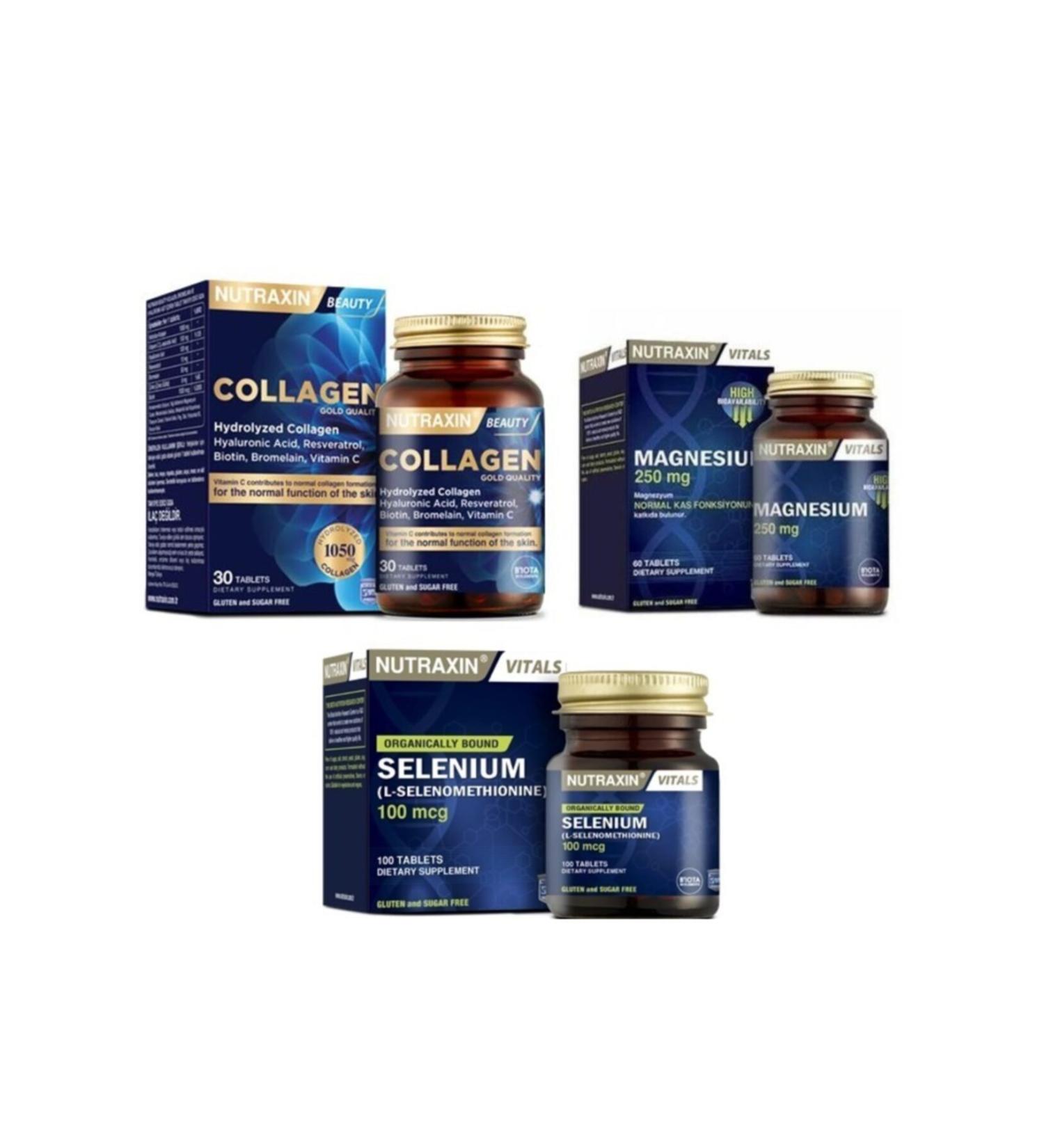 Nutraxin Selenium 100 Mcg 100 Tablets + Magnesium 250 Mcg 60 Tablets + Hydrolyzed Collagen Containing 30 Tablets