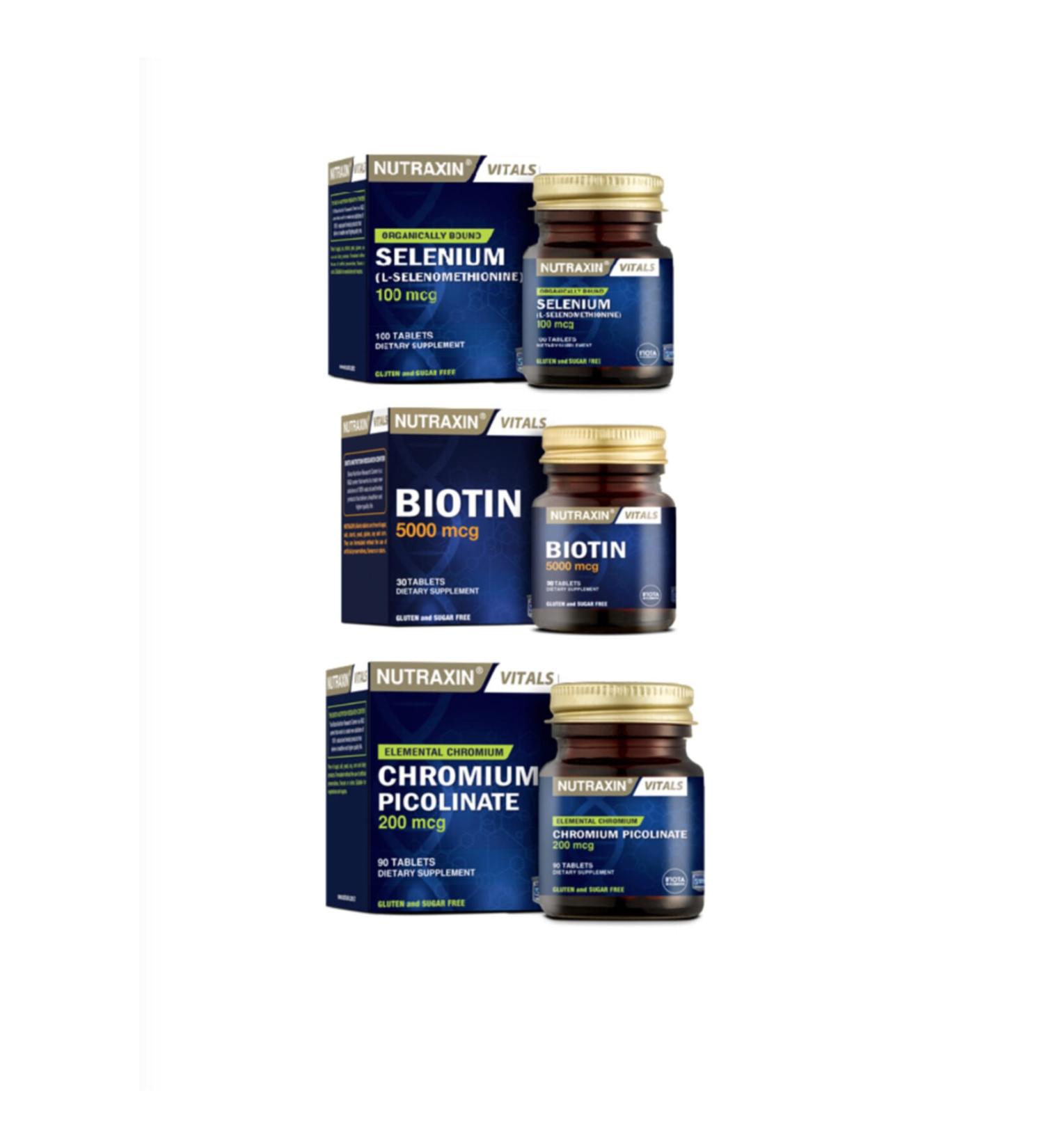 Nutraxin Biotin 5000 Mcg 30 Tablets + Selenium 100 Mcg 100 Tablets + Chromium Mineral Food Supplement 90 Tablets
