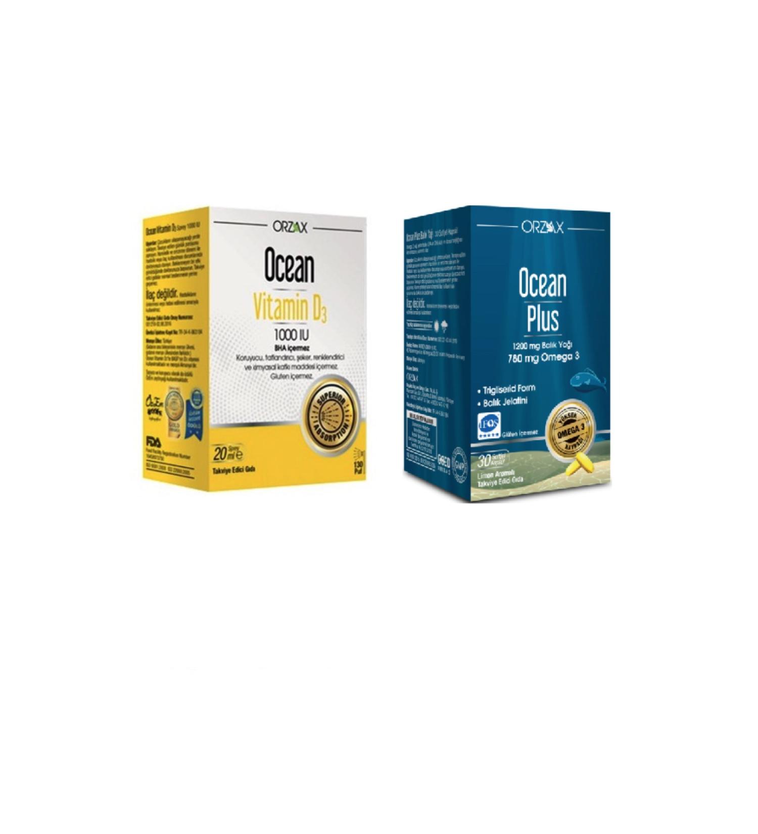 Ocean Pure Fish Oil - Ocean Plus Omega 3 1200 Mg 30 Capsules + Ocean Vitamin D3 1000 Iu Spray 20 Ml