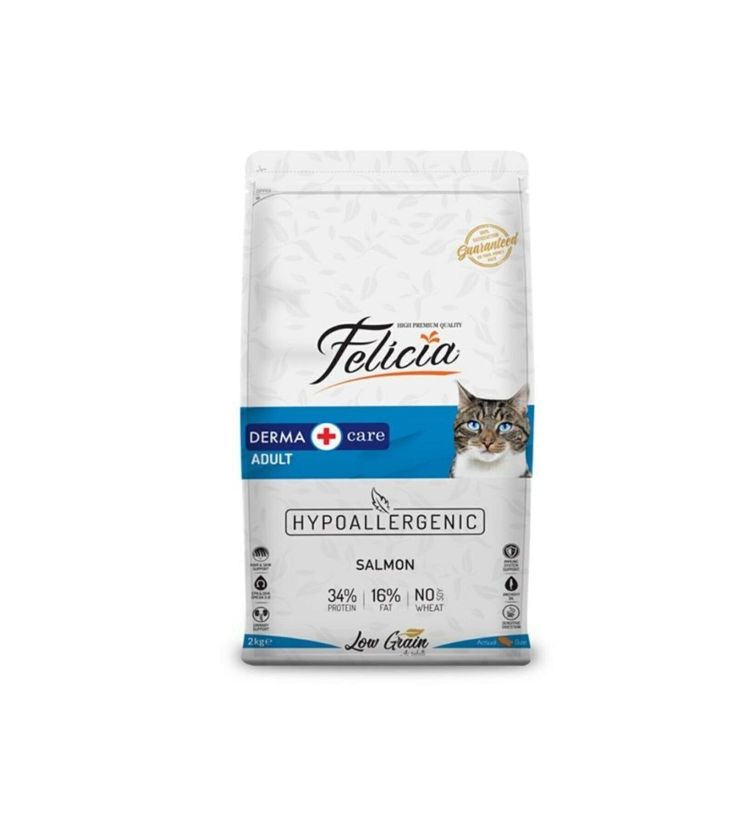 Felicia Derma Care Adult Low Grain Hypoallergenic Salmon Adult Cat Food Fur Health 2 Kg
