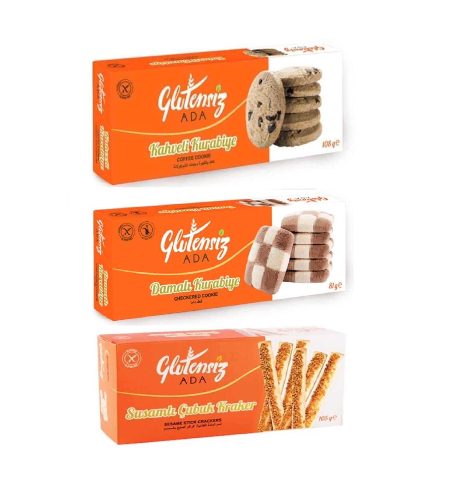 ADA Gluten-Free Snack Set of 3 Checkered-Coffee Cookies Sesame Stick Crackers