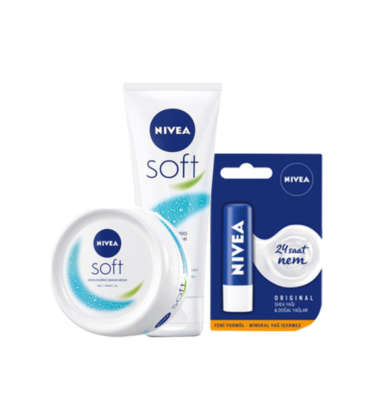 NIVEA Soft Moisturizing Hand Face Body Cream 75ml+100ml + Lip Moisturizing Cream Original 4.8gr