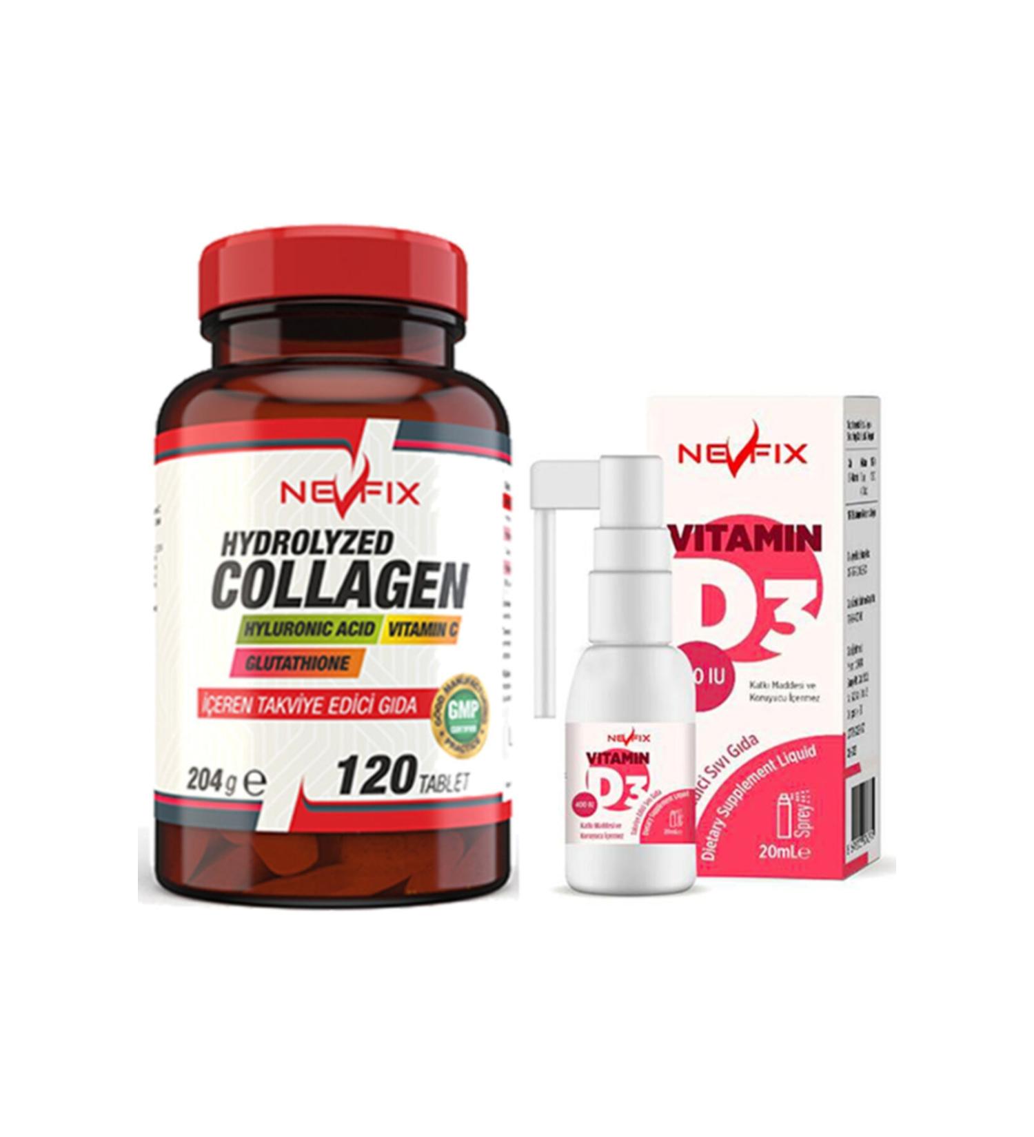 Nevfix Collagen Acid Vitamin C Glutathione 120 Tablet & Vitamin D3 400 Iu 20 Ml Spray