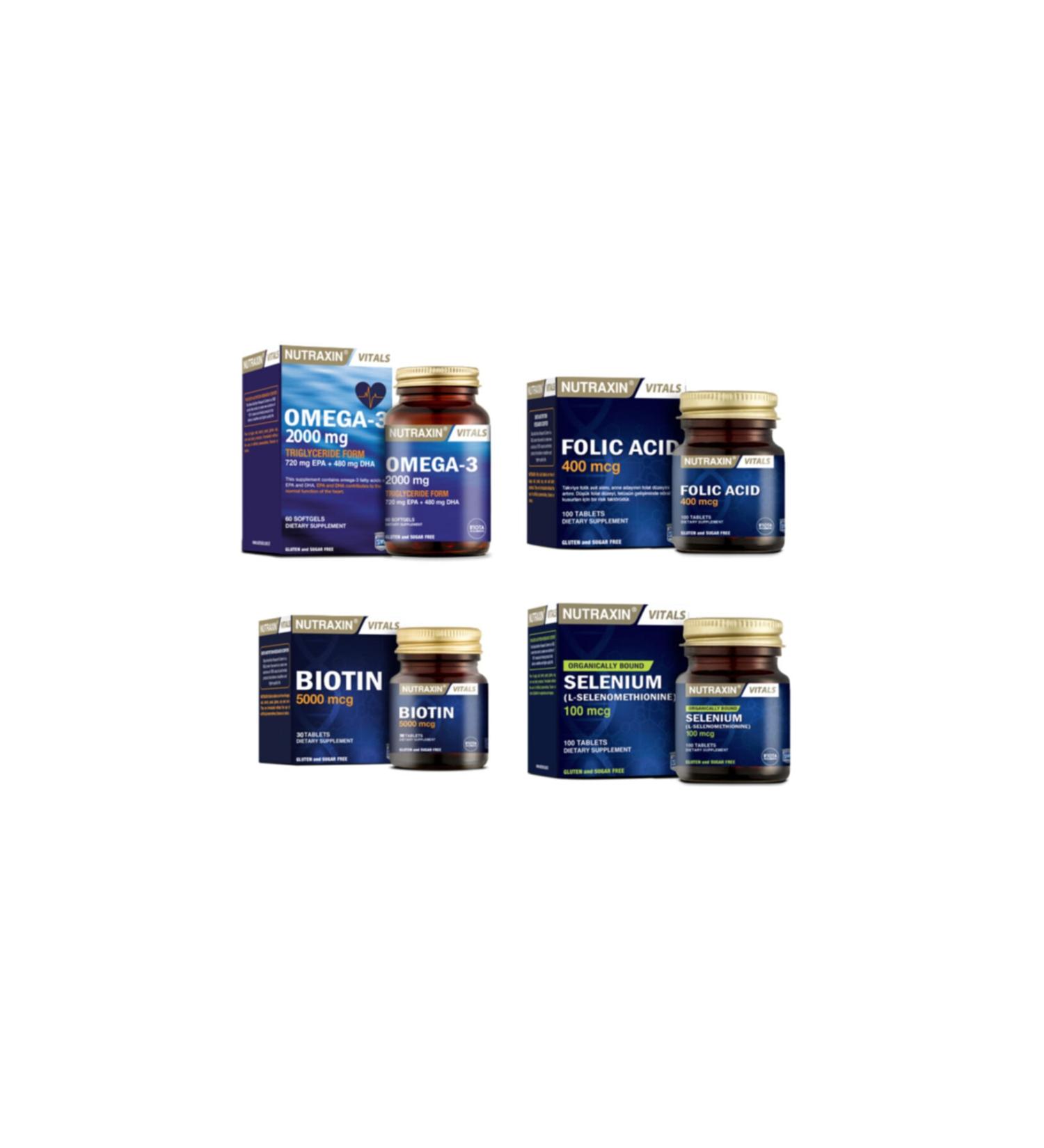 Nutraxin Omega 3 Fish Oil 2000 Mg 60 Capsules + Selenium 100 Tablets + Folic Acid 100 Tablets + Biotin 30 Tablets