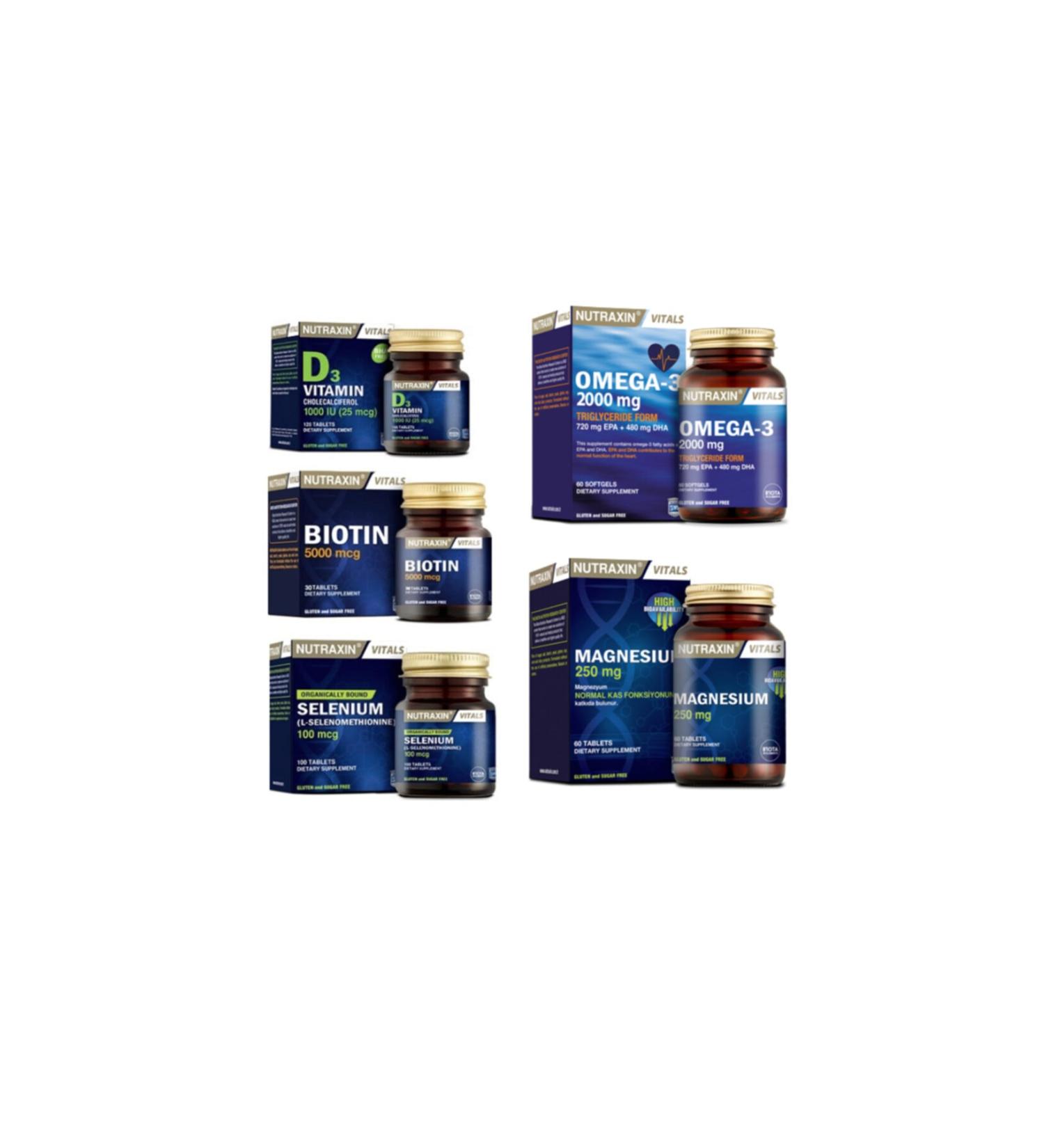Nutraxin Omega 3 Fish Oil 2000 Mg 60 Capsules + Biotin + Vitamin D3 + Selenium and Magnesium Supplement