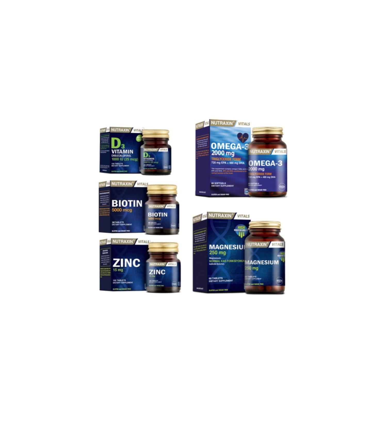 Nutraxin Omega 3 Fish Oil 2000 Mg 60 Capsules + Biotin + Vitamin D3 + Zinc and Magnesium Supplement