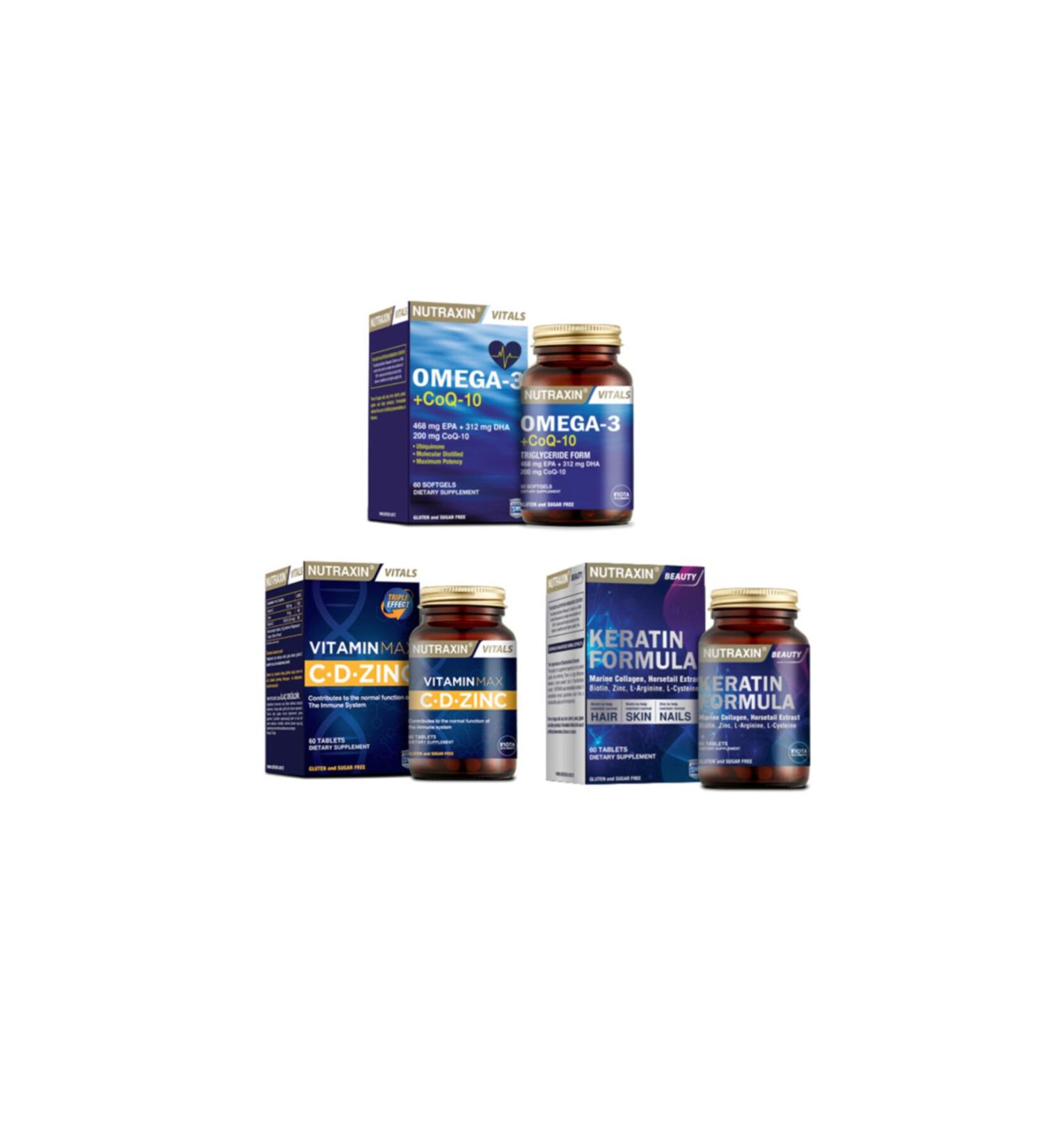 Nutraxin Omega 3 + coq-10 (coenzyme) 60 Capsules + vitamin Max (c d zinc) 60 Tablets + Keratin for Hair and Nails