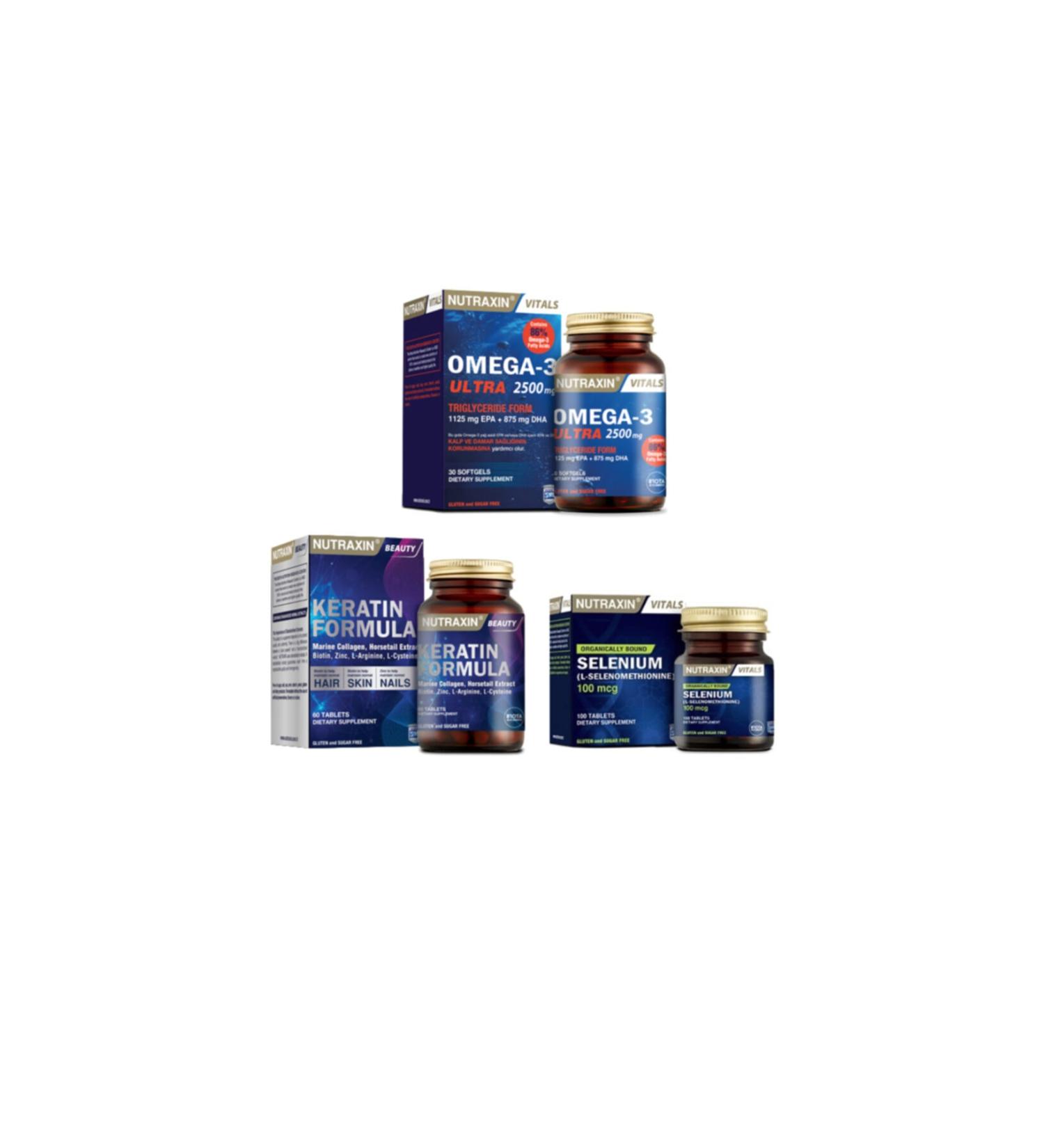Nutraxin Omega 3 Ultra 2500 Mg Fish Oil 30 Capsules + Selenium 100 Mcg 100 Tablets + Keratin Formula 60 Tablets
