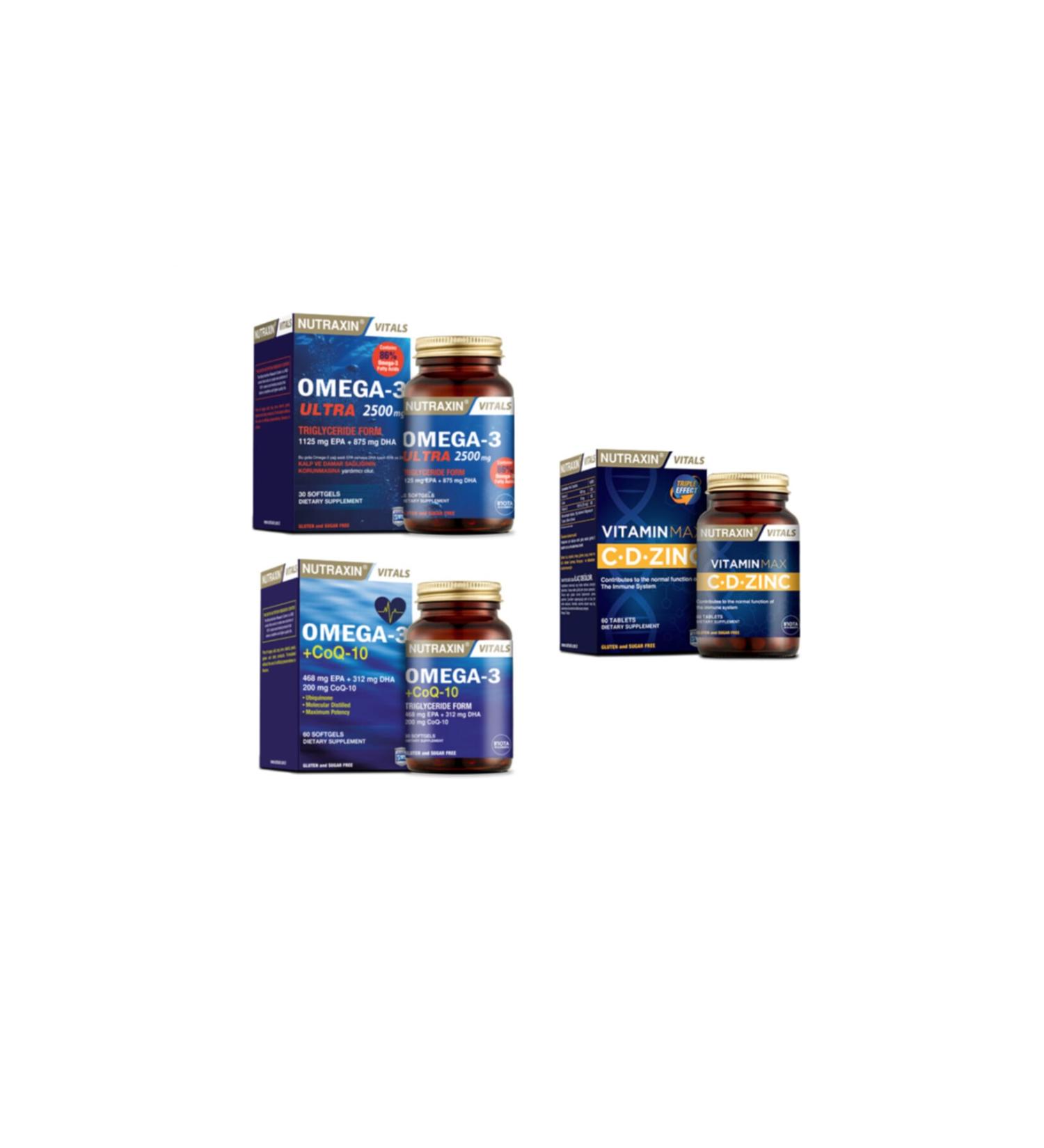 Nutraxin Omega 3 Ultra 2500 Mg 30 Capsules + omega 3 + coq-10 (coenzyme) 60 Capsules + vitamin Max (c d zinc) 60 Tablets