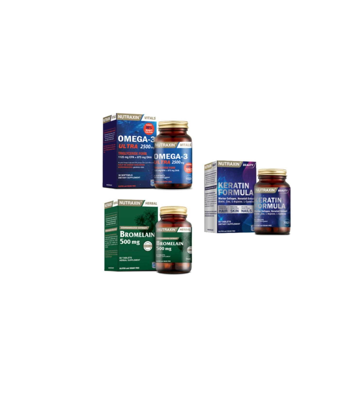 Nutraxin Omega 3 Ultra 2500 Mg Fish Oil 30 Capsules + Bromelain 60 Capsules + Keratin Formula 60 Tablets